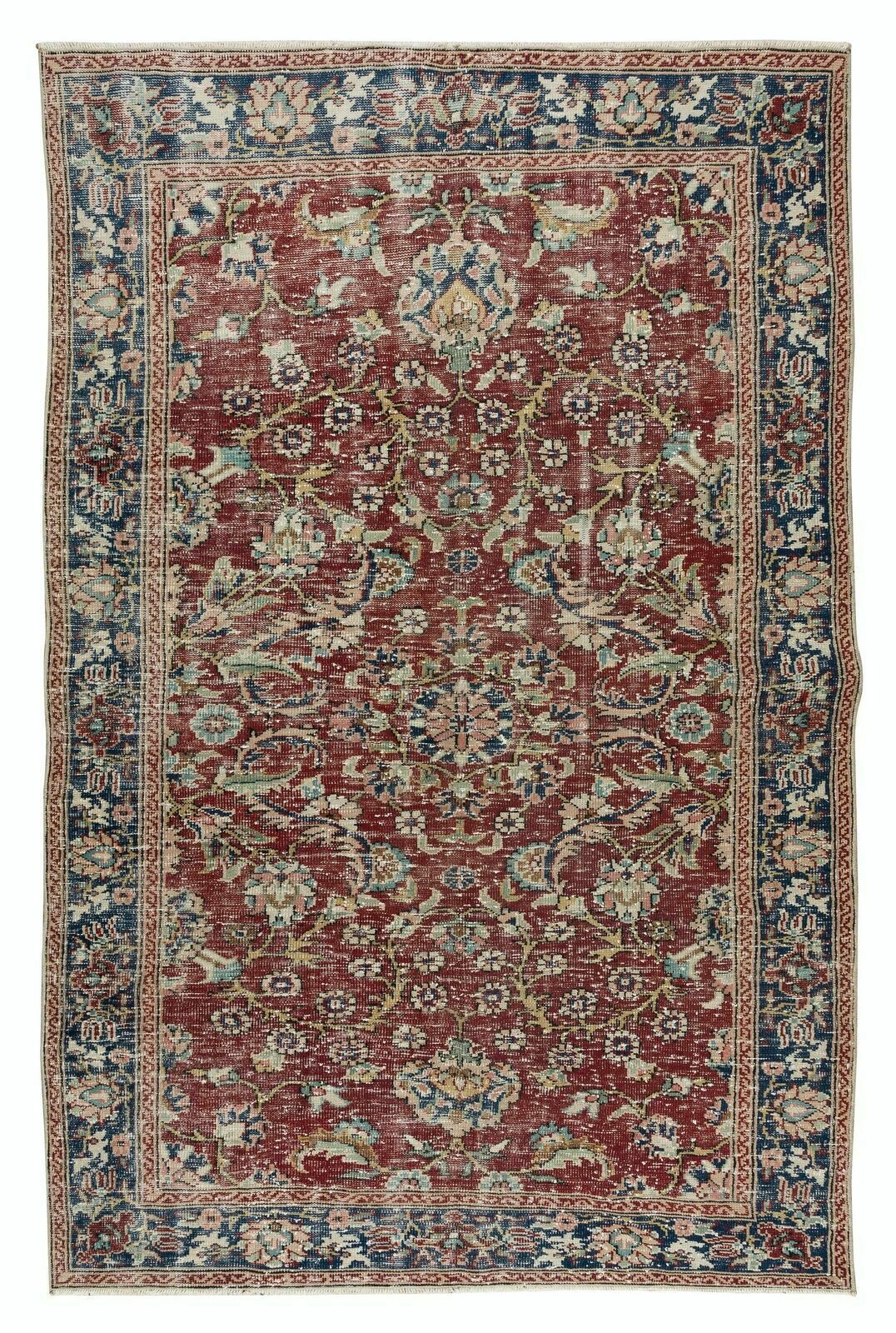 5.8x9 Ft Flower Pattern Vintage Hand Knotted Central Anatolian Wool Area Rug