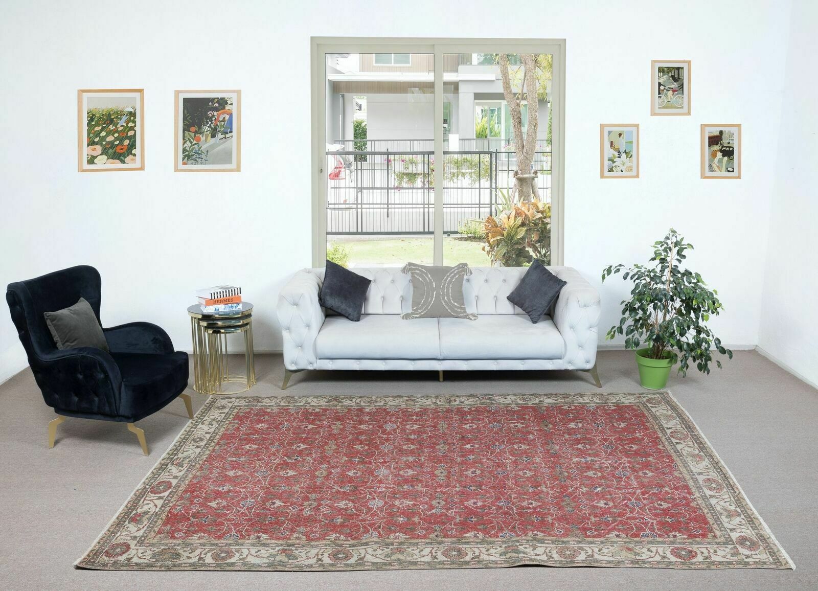 7.2x10.6 Ft Vintage Handmade Turkish Rug In Red & Beige With Flower Design photo furniture