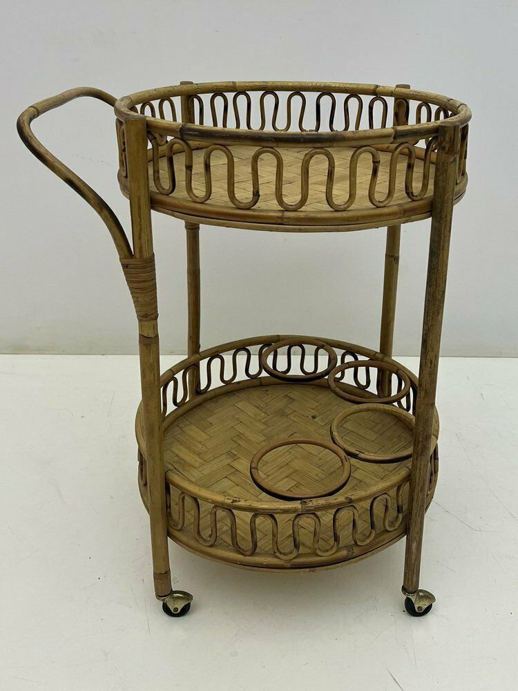 Round Bohemian Trolley In Bamboo And Wicker Attributed To Franco Albini, 1960s photo vinterior
