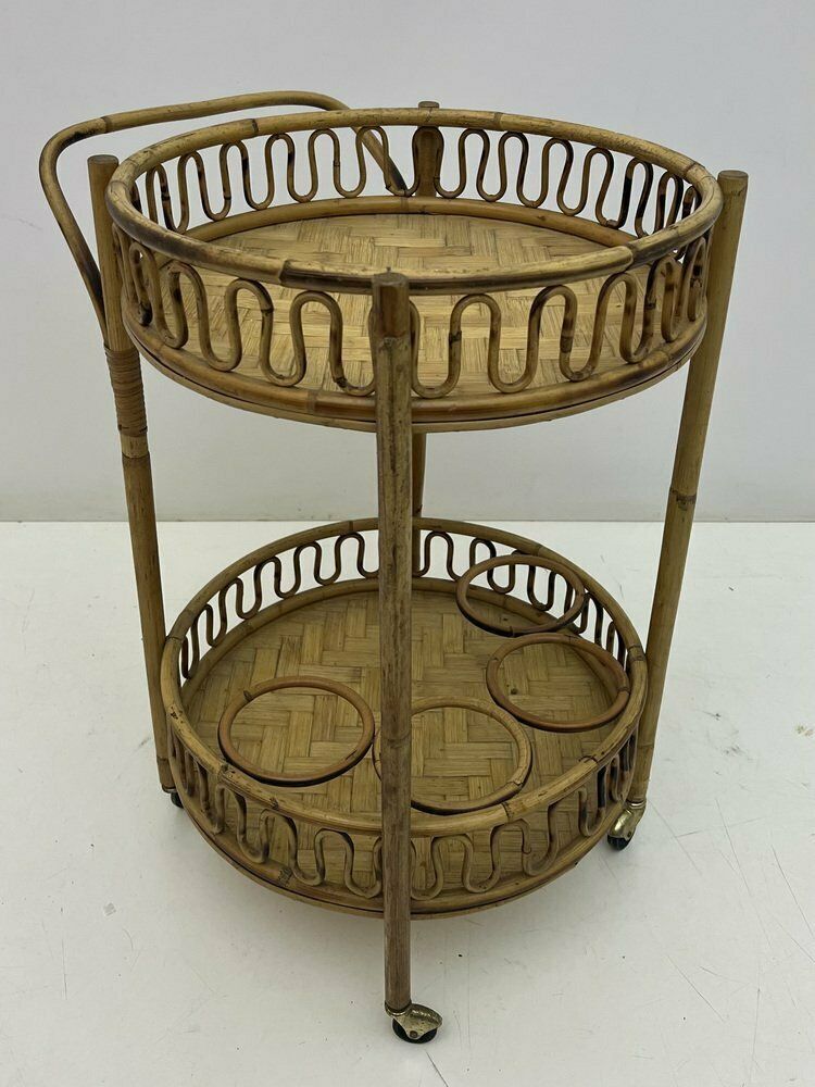 Round Bohemian Trolley In Bamboo And Wicker Attributed To Franco Albini, 1960s photo vintage