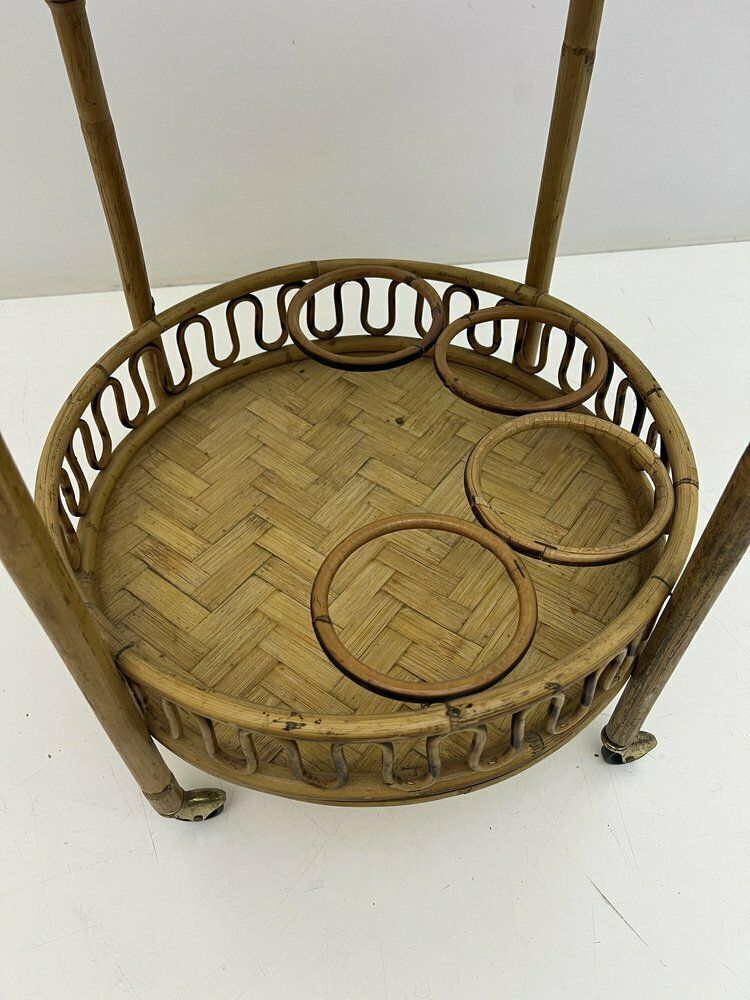 Furniture Round Bohemian Trolley In Bamboo And Wicker Attributed To Franco Albini, 1960s photo