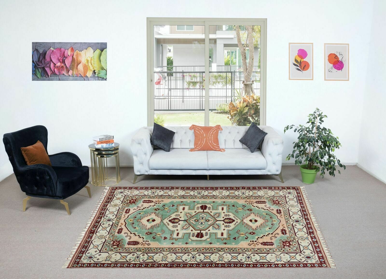 6.4x8 Ft Handmade Area Rug, Unique Vintage Turkish Carpet With Fringe, 100% Wool photo furniture