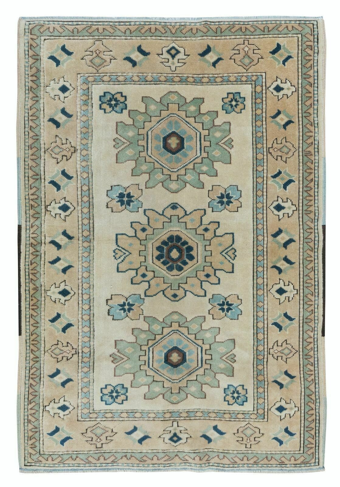 4x6 Ft Vintage Turkish Traditional Rug With Medallions, Handmade Village Carpet