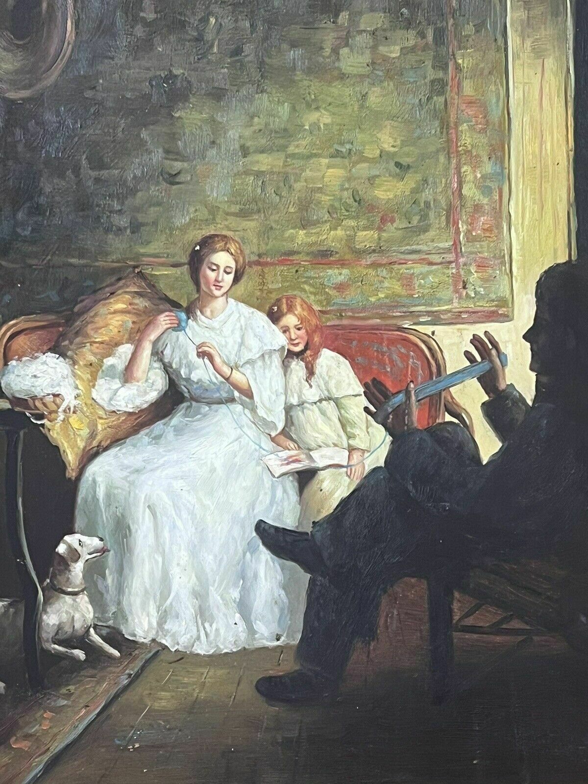 20th Century Victorian Family Interior Scene Of 'Winding Wool' Oil Painting photo for sale