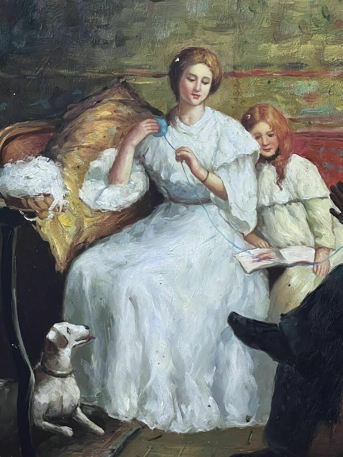20th Century Victorian Family Interior Scene Of 'Winding Wool' Oil Painting photo Art