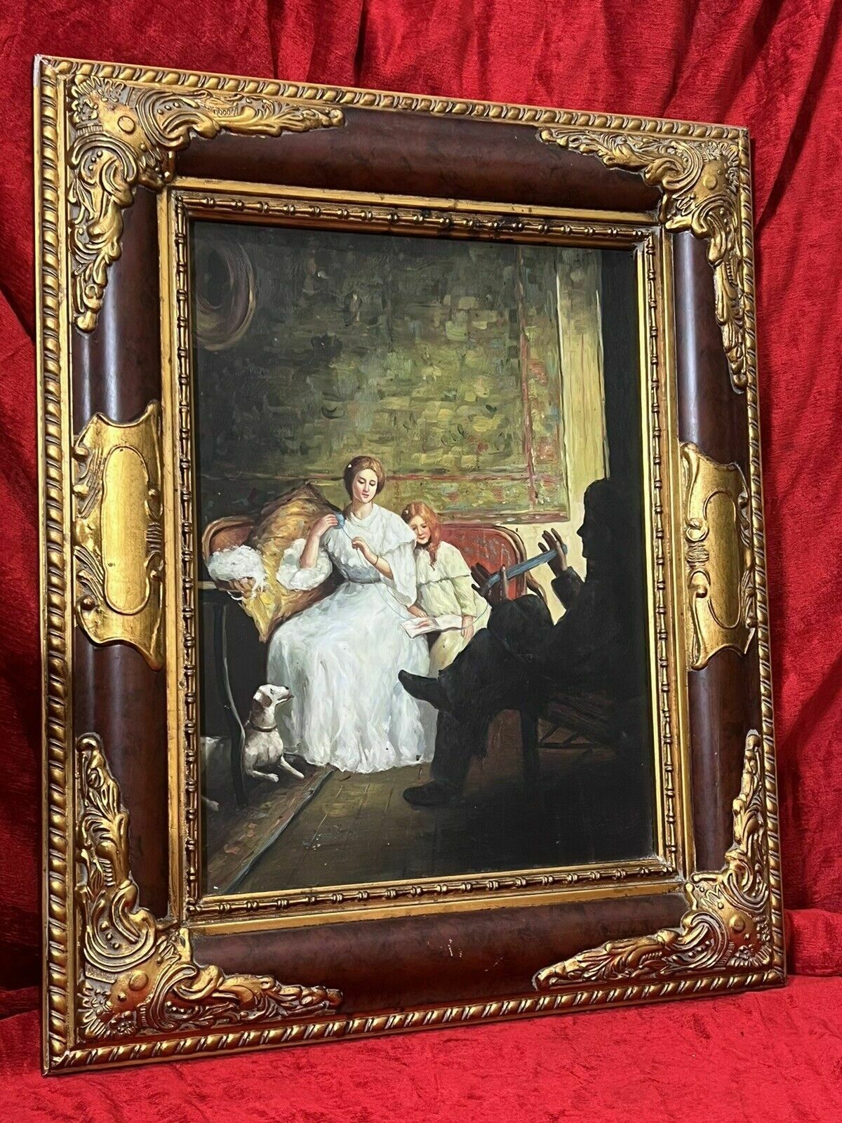 20th Century Victorian Family Interior Scene Of 'Winding Wool' Oil Painting photo vinterior