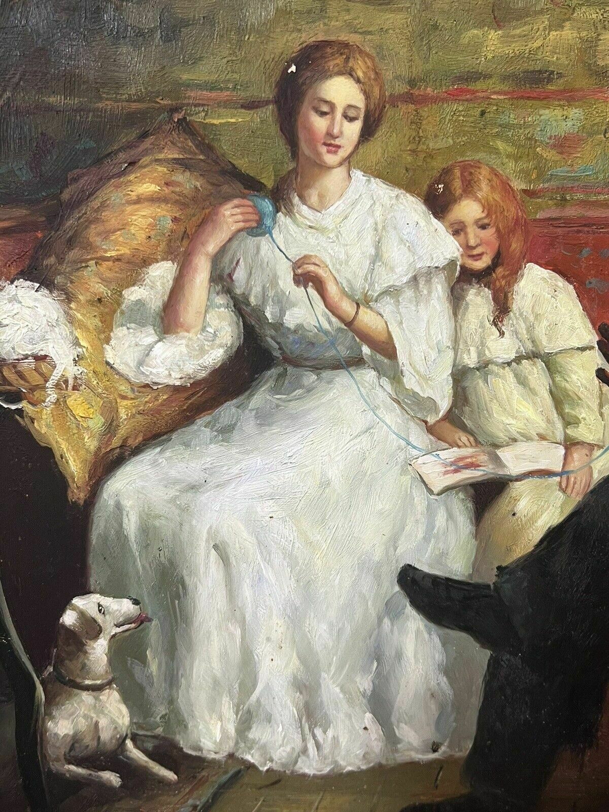 350.0 20th Century Victorian Family Interior Scene Of 'Winding Wool' Oil Painting photo