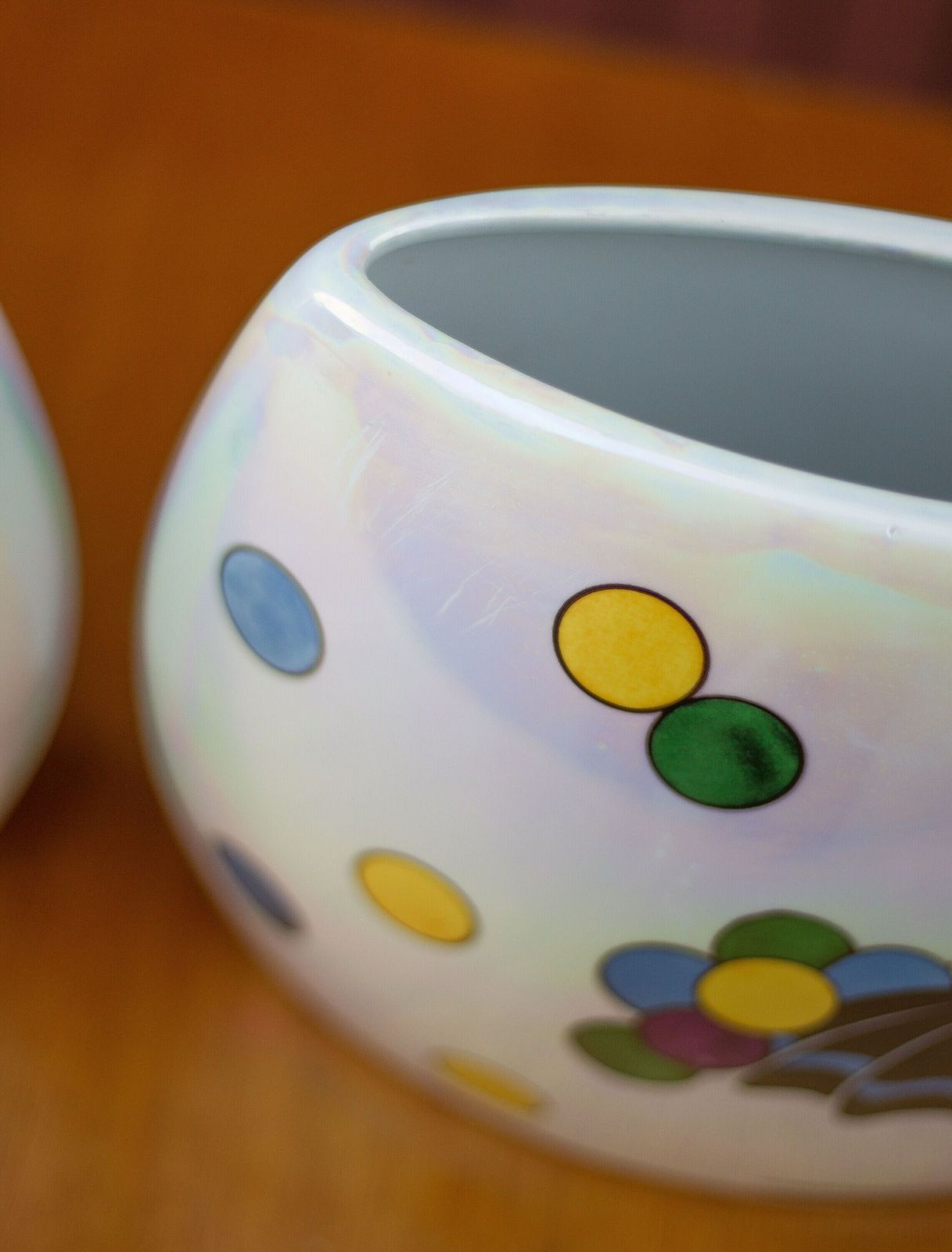 Pair Of Flat Iridescent Ceramic Vase With Girl Motif With Polychrome Balloons, Art Deco Vase, Interior Decoration, 40's photo furniture