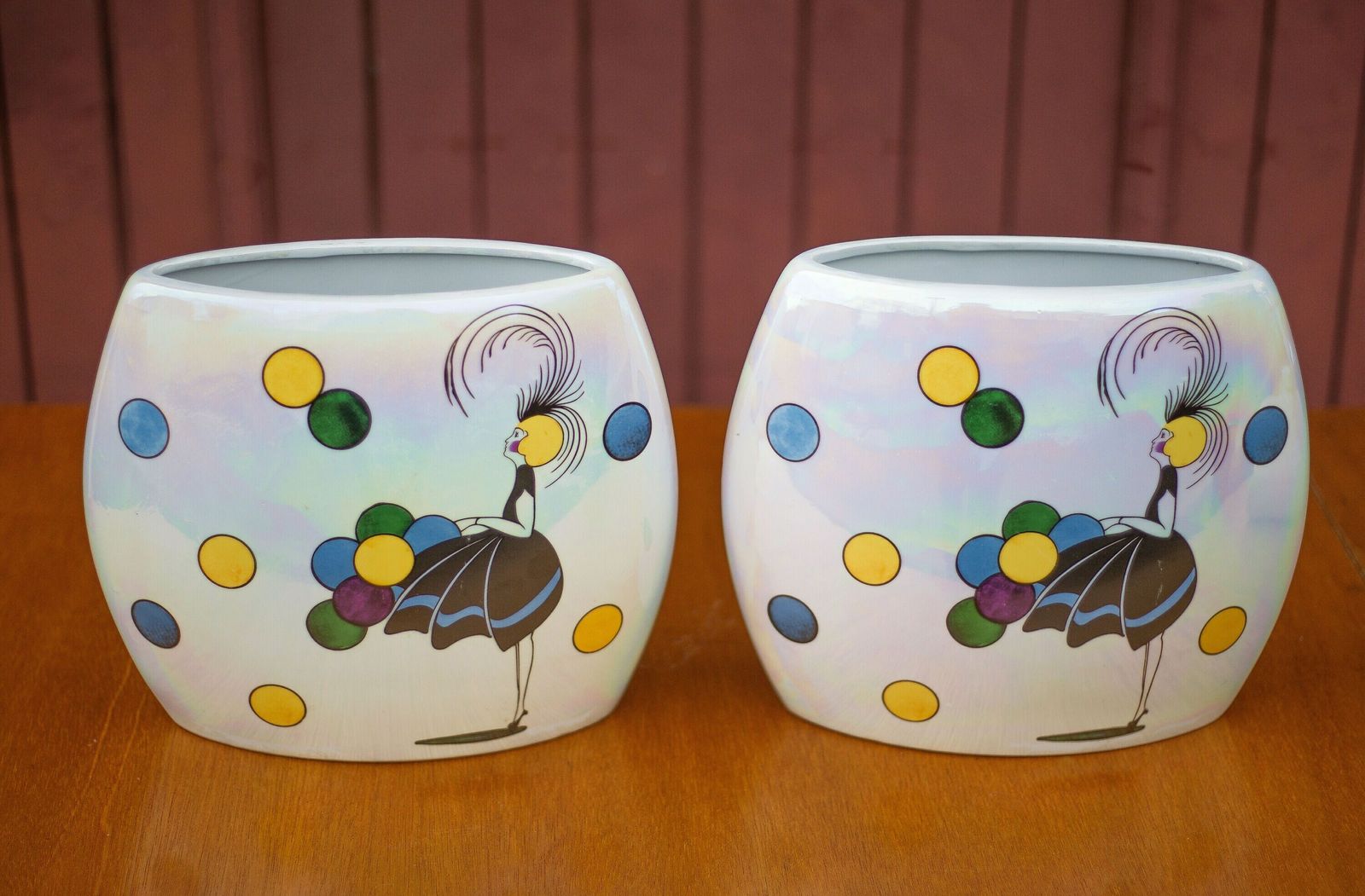 Pair Of Flat Iridescent Ceramic Vase With Girl Motif With Polychrome Balloons, Art Deco Vase, Interior Decoration, 40's photo 298.0