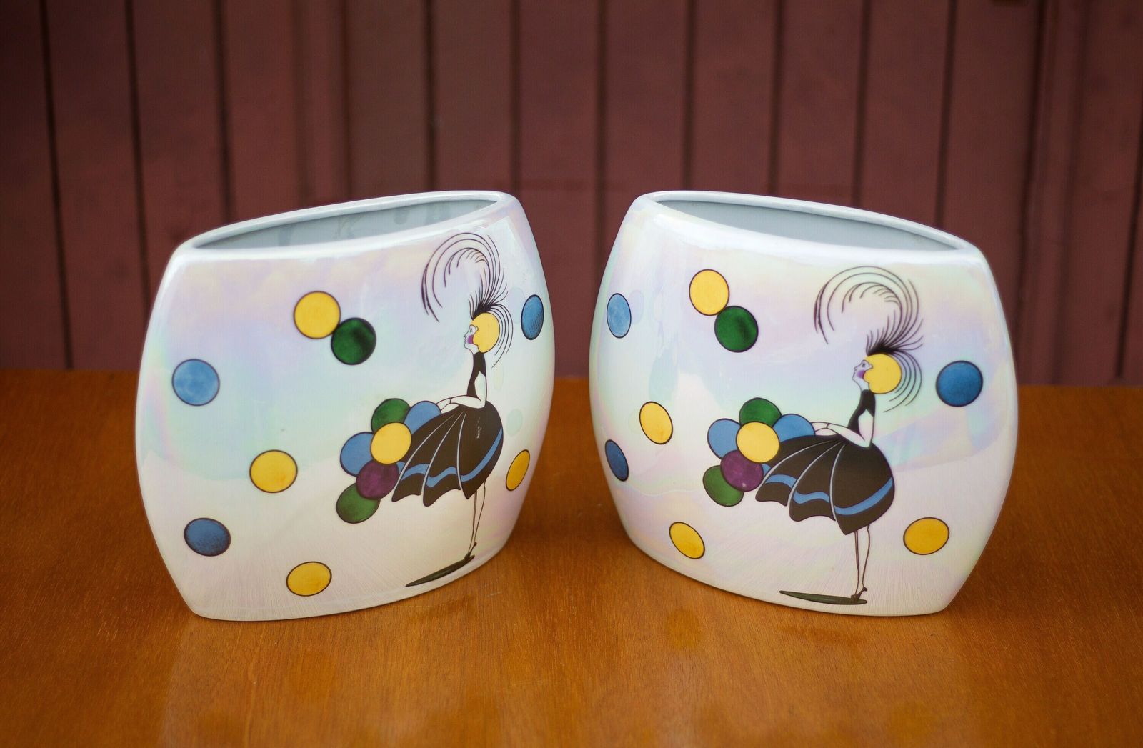 Pair Of Flat Iridescent Ceramic Vase With Girl Motif With Polychrome Balloons, Art Deco Vase, Interior Decoration, 40's photo vintage