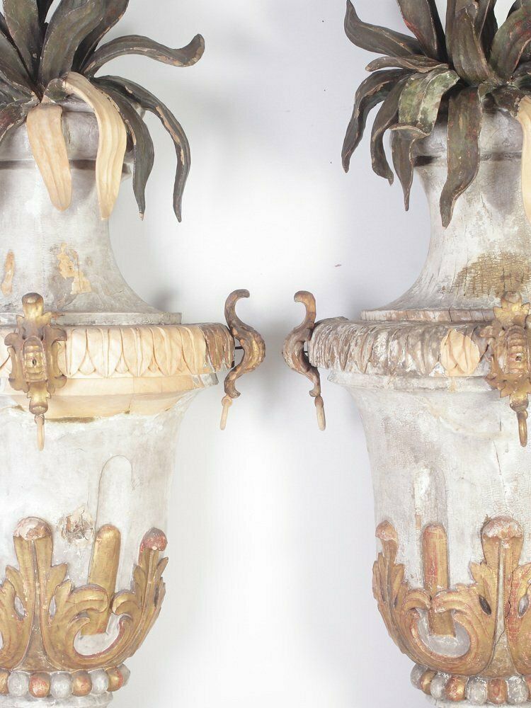 Large 18th Century Bohemian Decorative Lime Wood Vases, Set Of 2 photo buy