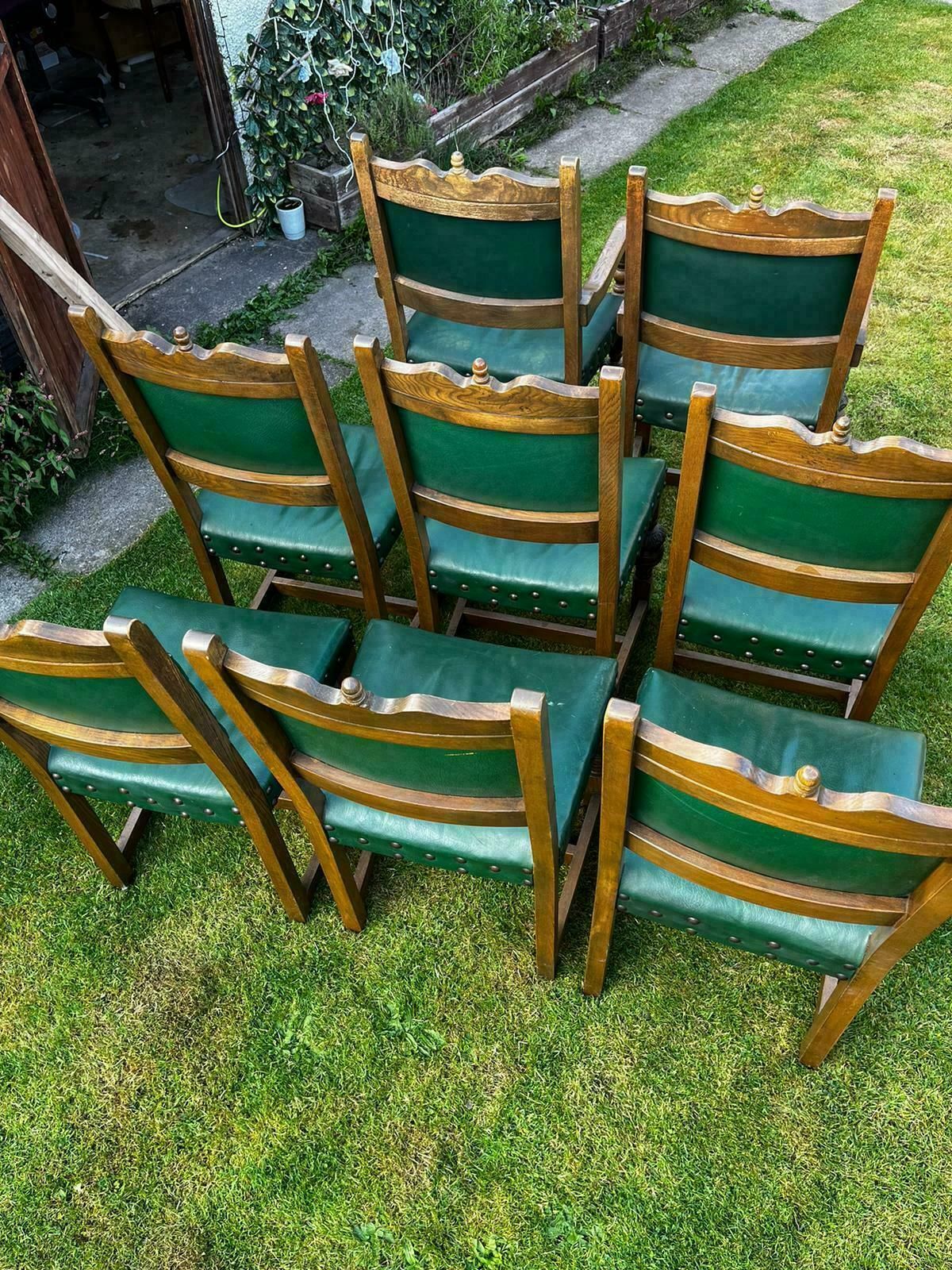 Set Of 8 Solid Antique Carved Dining Chairs Made Up Of 2 Carvers And 6 Chairs In Green Leather photo vinterior