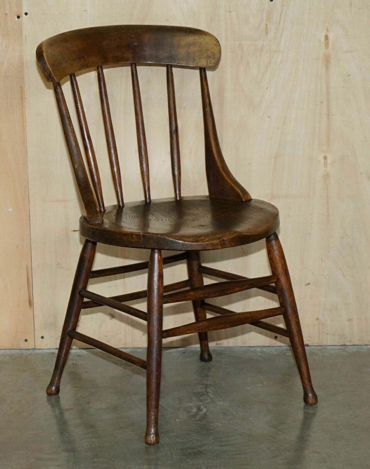 Pair Of Antique English Elm Windsor Stick Back Chairs Stamped Lea Hall Infantry photo for sale