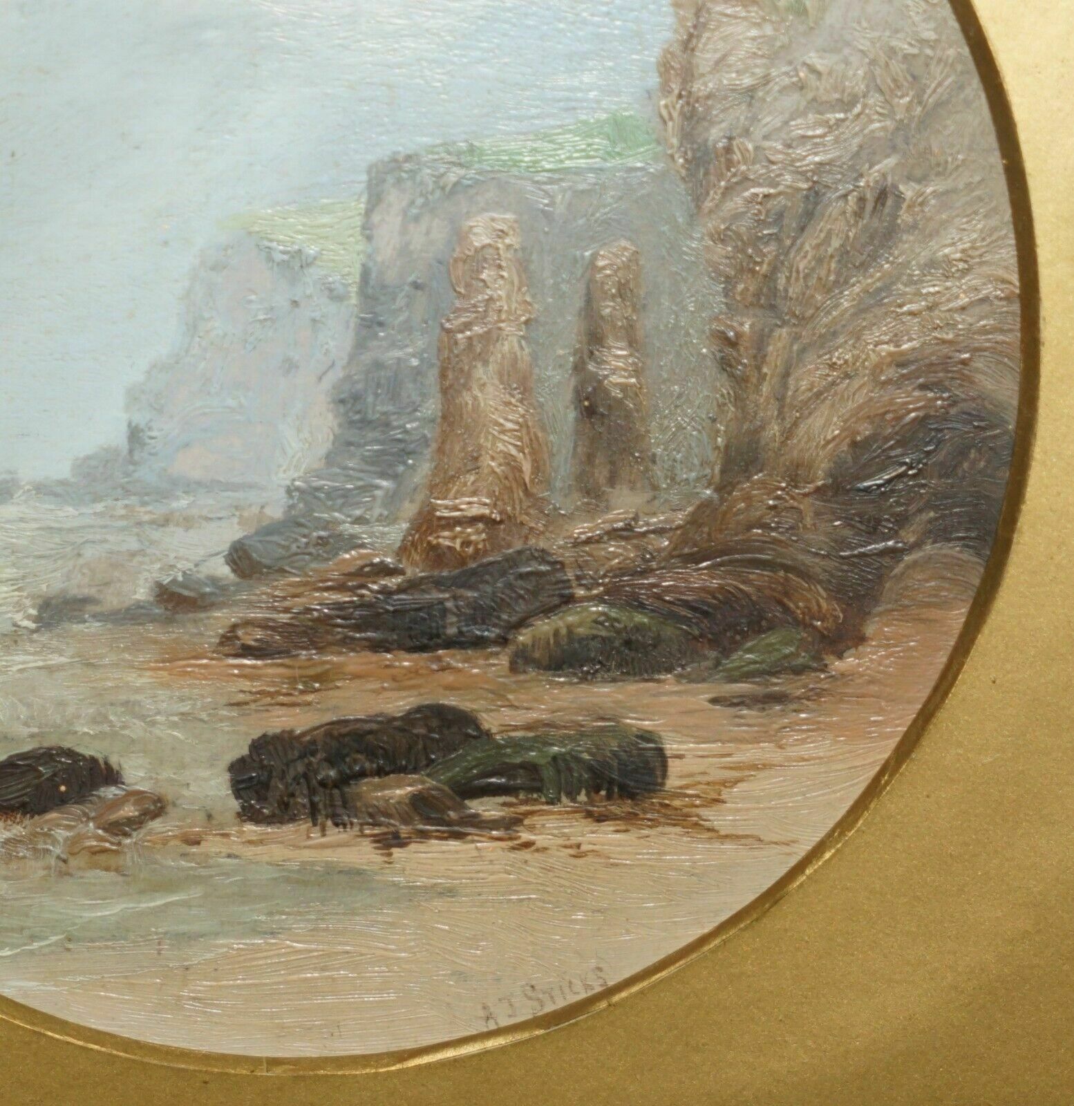Exquisite A J Sticks Signed Small Oil Painting Frame By S L Nielsen Sea & Cliffs photo for sale