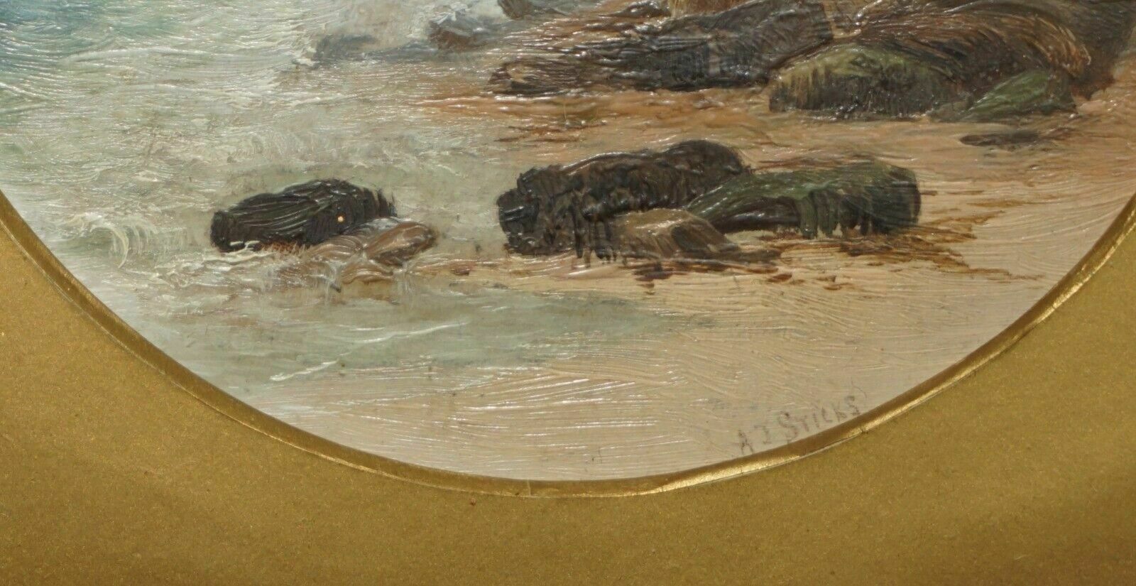 Exquisite A J Sticks Signed Small Oil Painting Frame By S L Nielsen Sea & Cliffs photo vinterior
