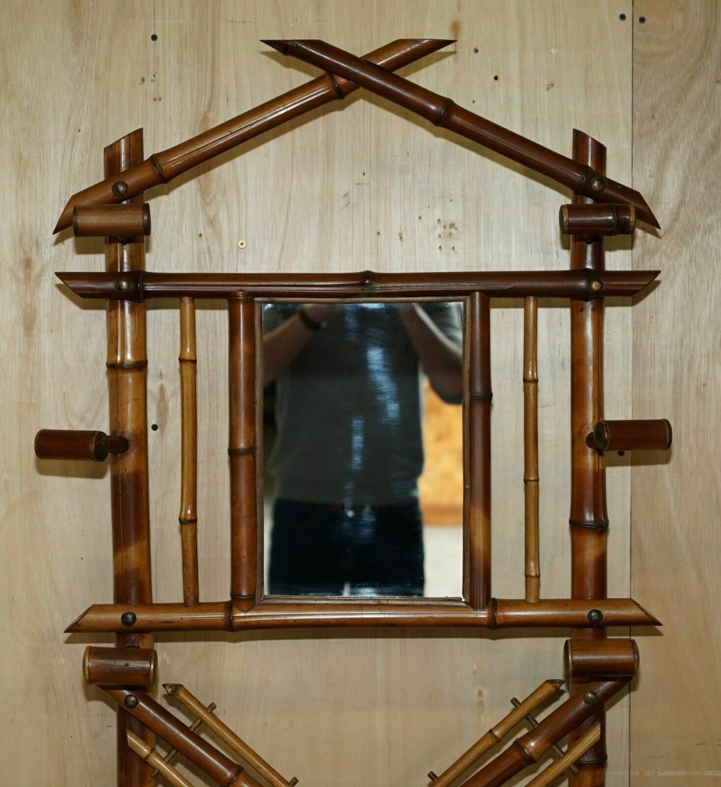 Antique Circa 1920's Art Deco Bamboo Hat Coat Gloves & Scarf Rack With Mirror photo for sale