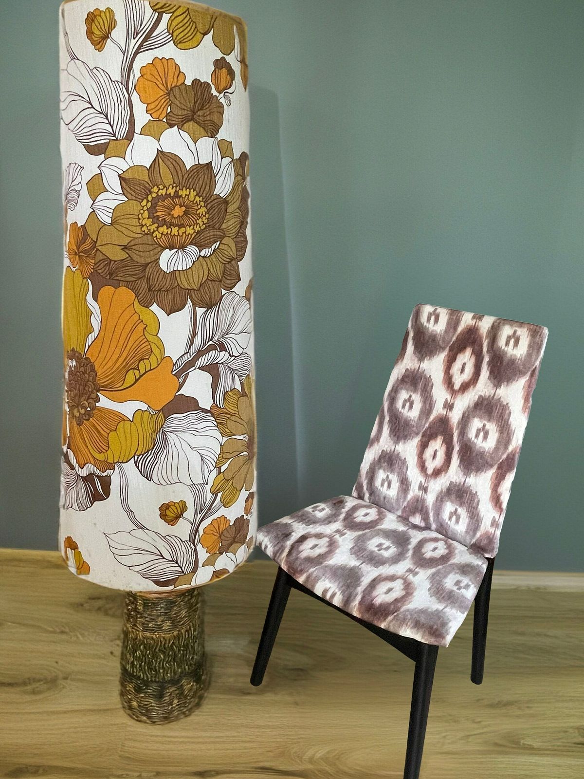 Stunning West German Pottery Floor Lamp With Original Seventies Large Scale Floral Print Lampshade photo 349.0