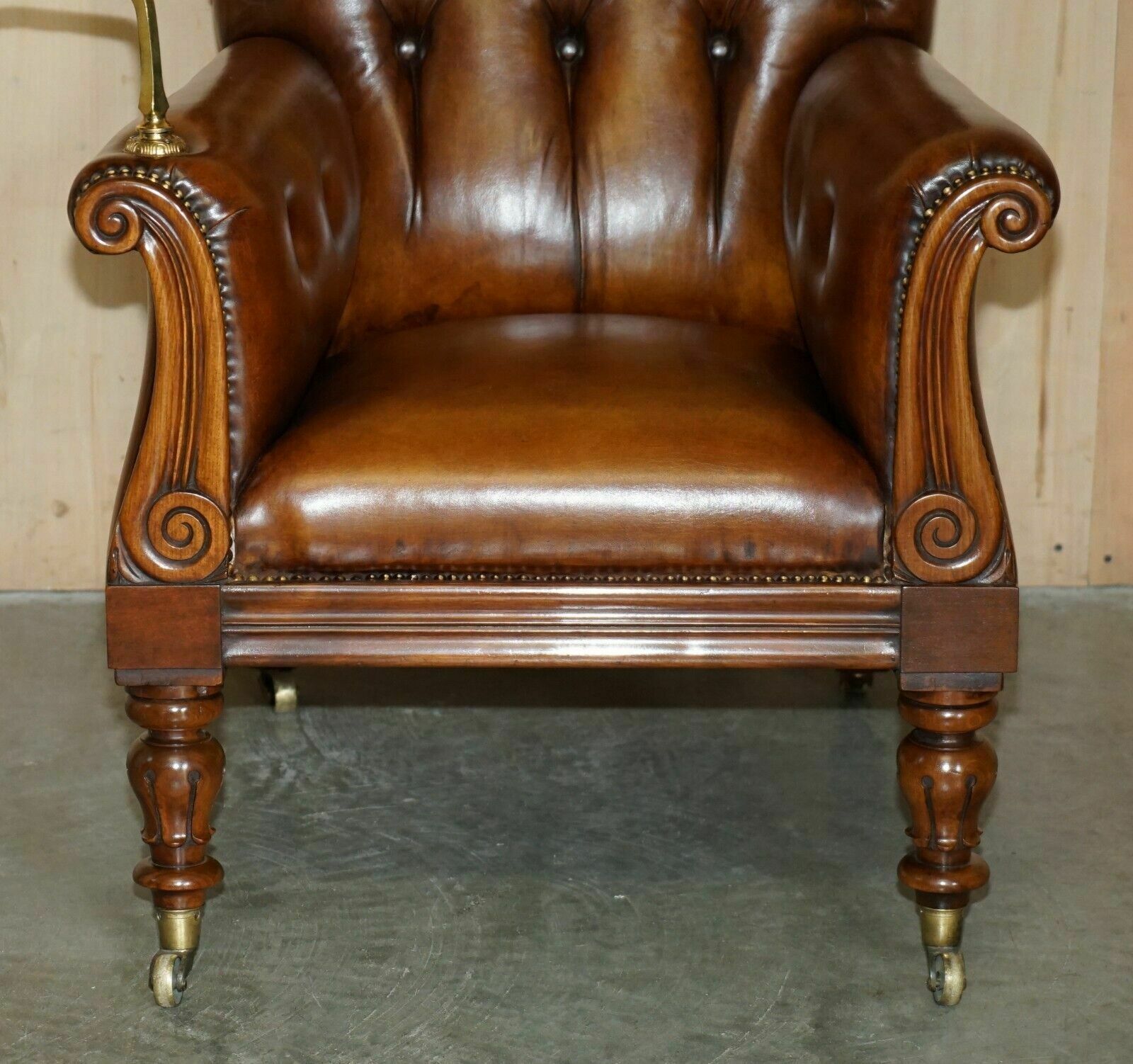 Restored Antique William IV Chesterfield Brown Leather Armchair + Writing Slope photo 9500.0
