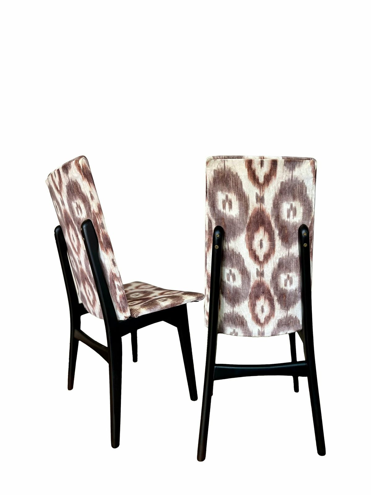 Two Accent Mid Century Teak Framed Chairs Reupholstered In Seventies Inspired Velvet Ikat Print. photo Furniture