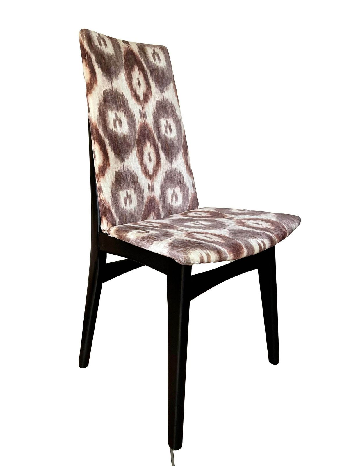 Two Accent Mid Century Teak Framed Chairs Reupholstered In Seventies Inspired Velvet Ikat Print. photo vintage
