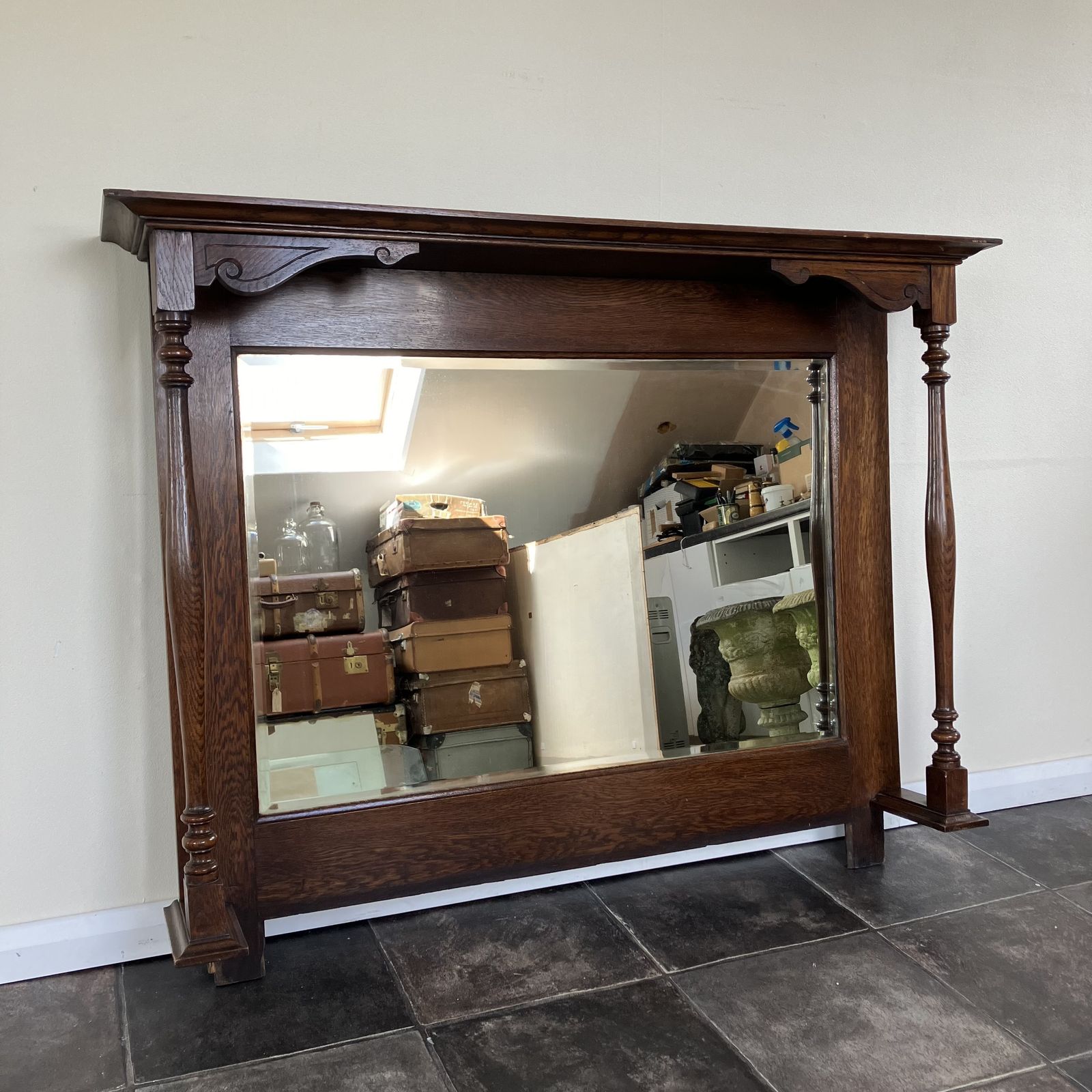 Reclaimed Salvaged Edwardian Oak Over Mantle Bevelled Wall Mirror