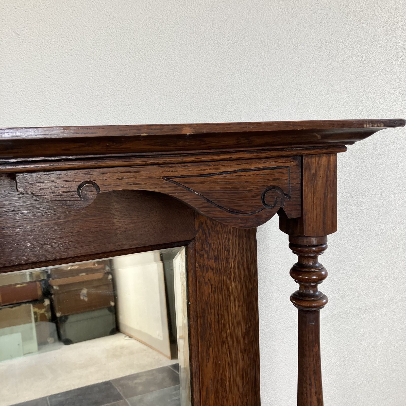 Reclaimed Salvaged Edwardian Oak Over Mantle Bevelled Wall Mirror photo vintage