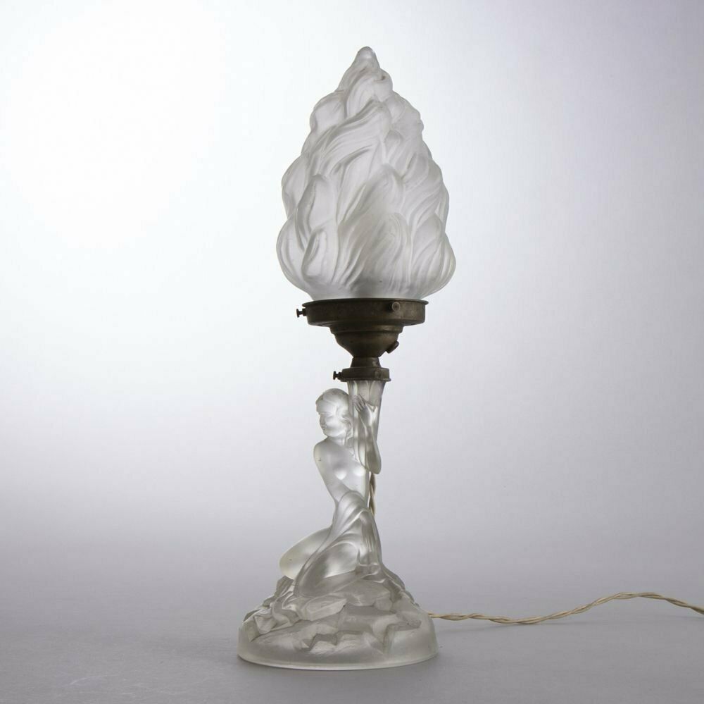Art Deco Glass Table Lamp Of A Female Nude Holding A Torcher Lamp, British C.1930