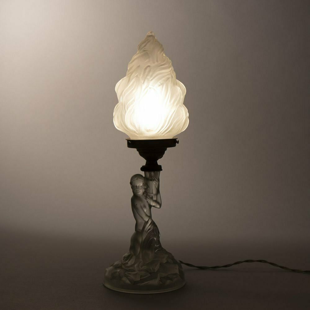 Art Deco Glass Table Lamp Of A Female Nude Holding A Torcher Lamp, British C.1930 photo furniture