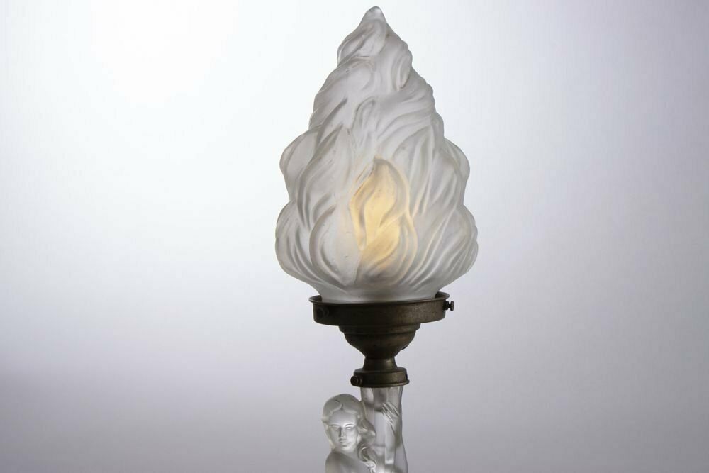 photo furniture Art Deco Glass Table Lamp Of A Female Nude Holding A Torcher Lamp, British C.1930