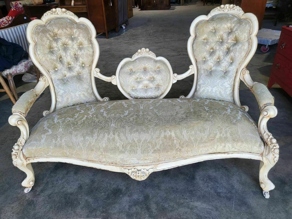 Antique French Louis Cream Wood Frame Sofa Love Seat Cabriole Legs
