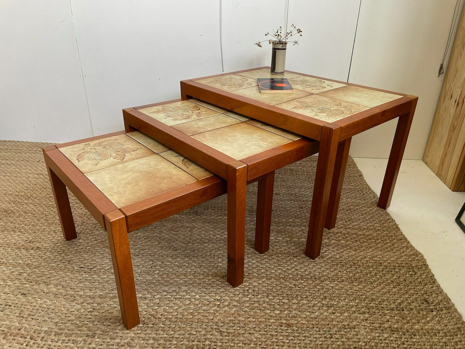 Nest Of 3 Danish Coffee Or Side Tables With Teak Frame And Tiled Tops With Leaf Design photo for sale