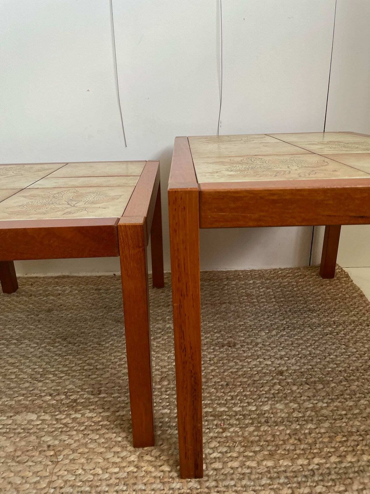 Nest Of 3 Danish Coffee Or Side Tables With Teak Frame And Tiled Tops With Leaf Design photo buy