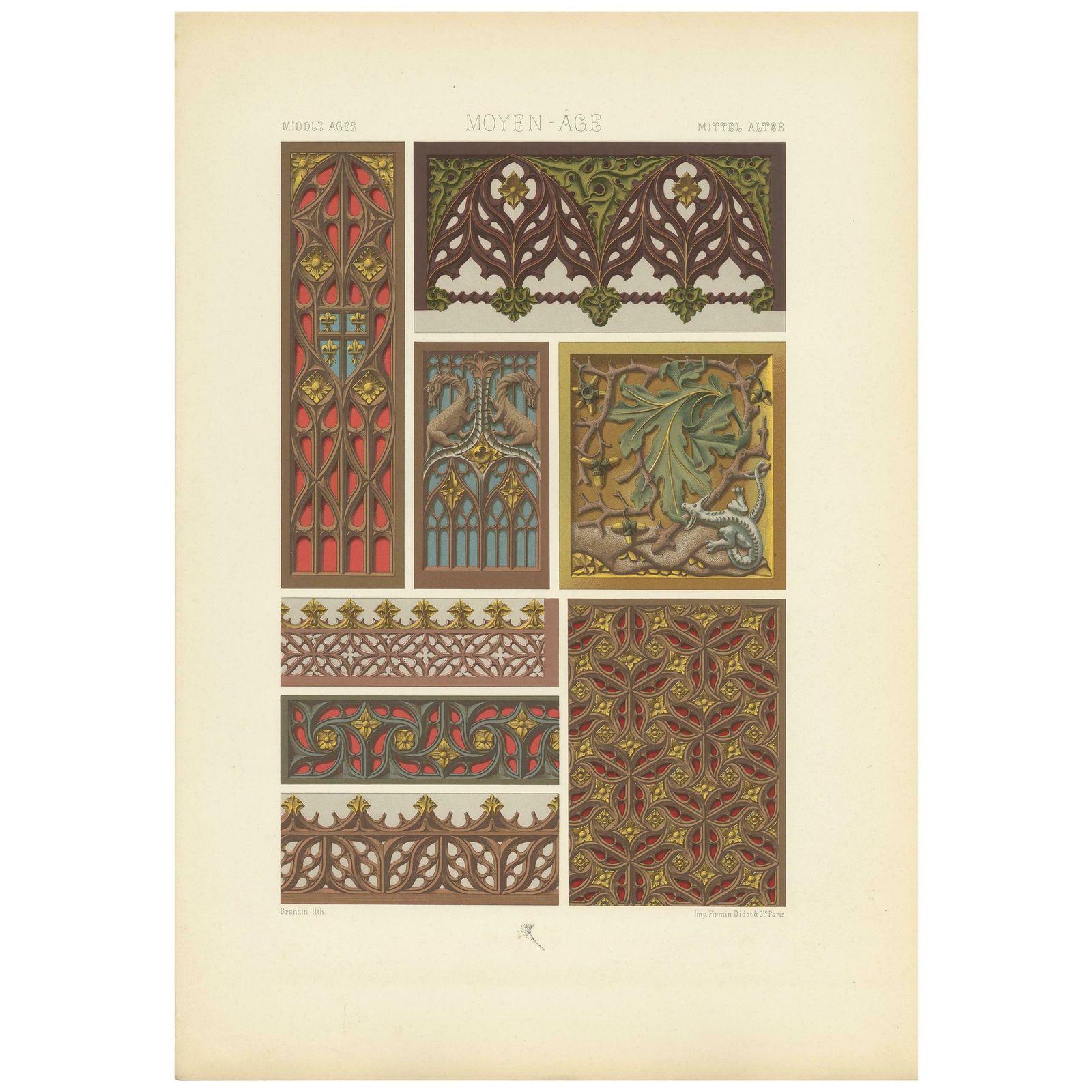 Pl. 60 Antique Print Of Middle Ages Painted And Gilt Woodwork By Racinet