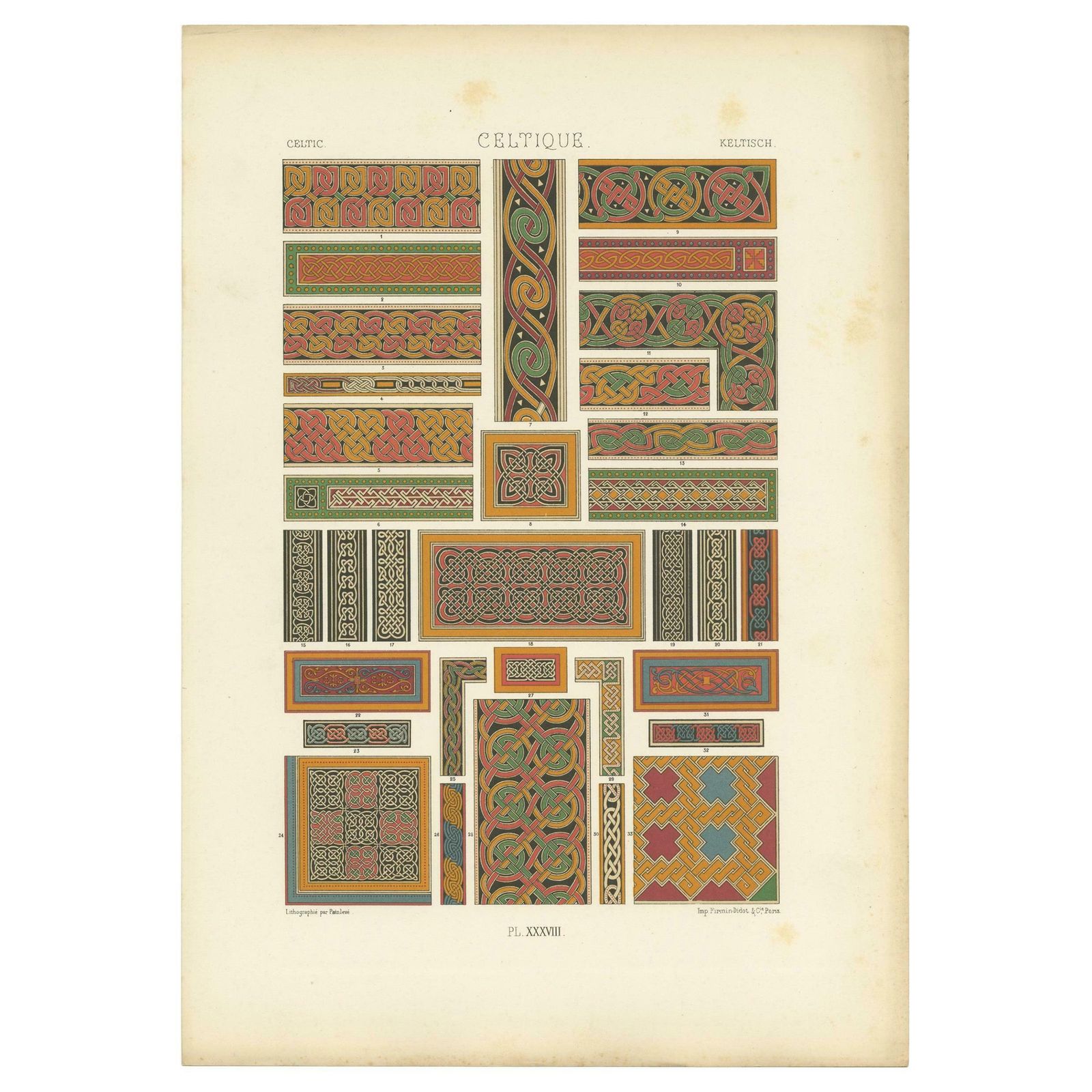Pl. 38 Antique Print Of Celtic Ornaments By Racinet, 'Circa 1890'