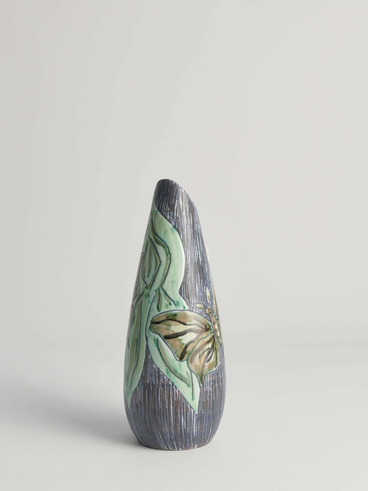 Mid Century Modern Stoneware Vase With Sgraffito And Butterflies. Sweden, 1950s photo vinterior
