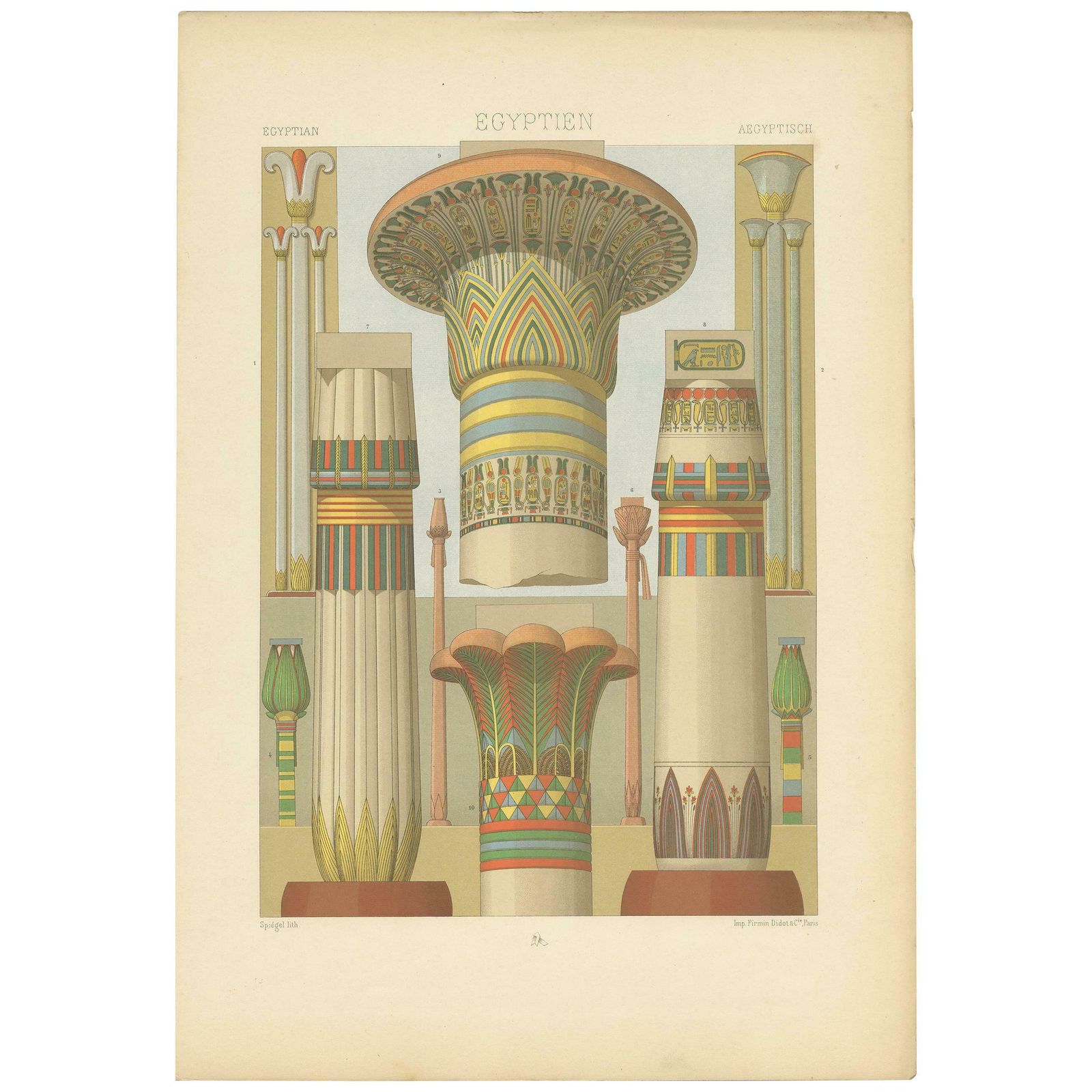 Pl. 2 Print Of Egyptian Columns With Plant Motifs By Racinet 'Circa 1890'