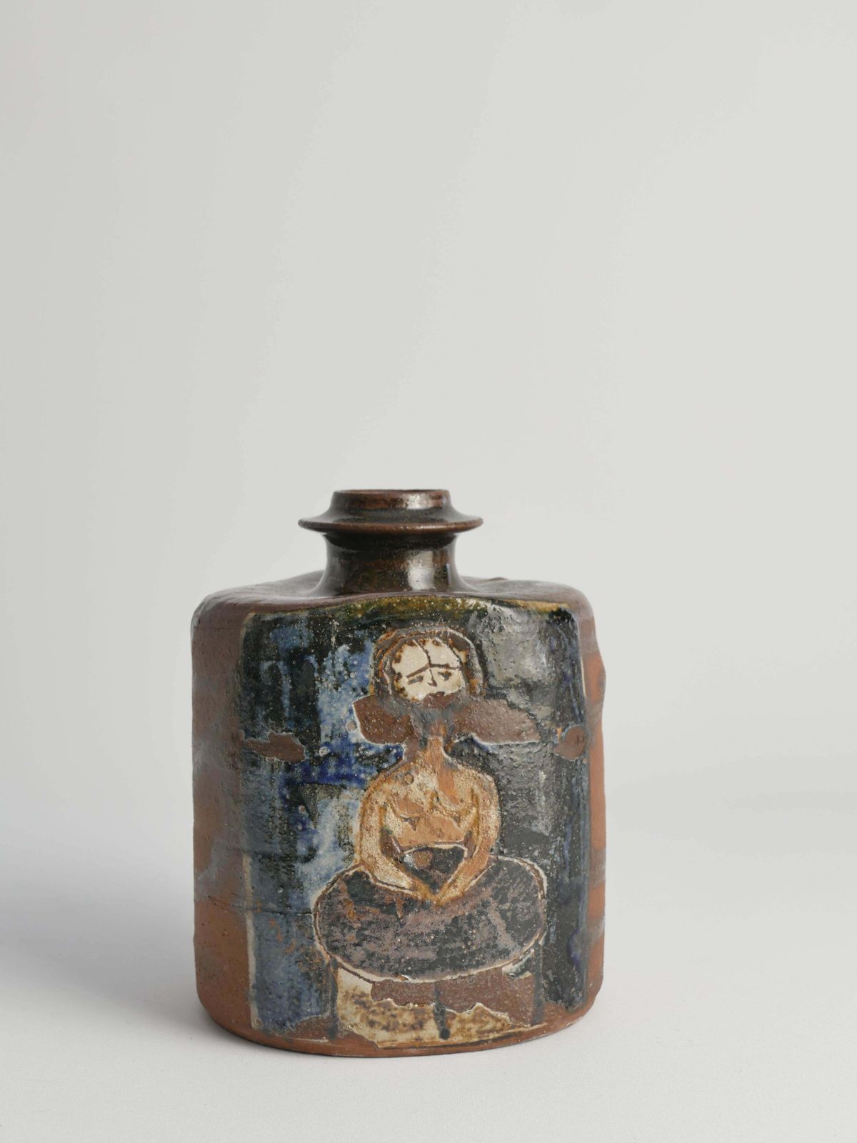 Ceramic Square Bottle Vase With Naive Style Motifs In Brown Glaze photo for sale