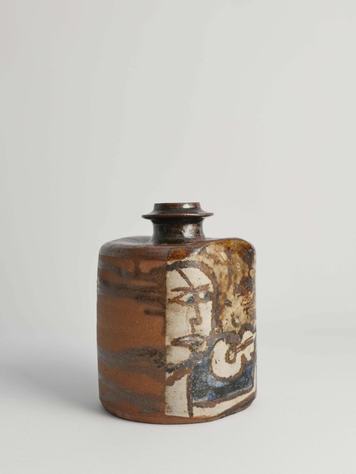Ceramic Square Bottle Vase With Naive Style Motifs In Brown Glaze photo buy