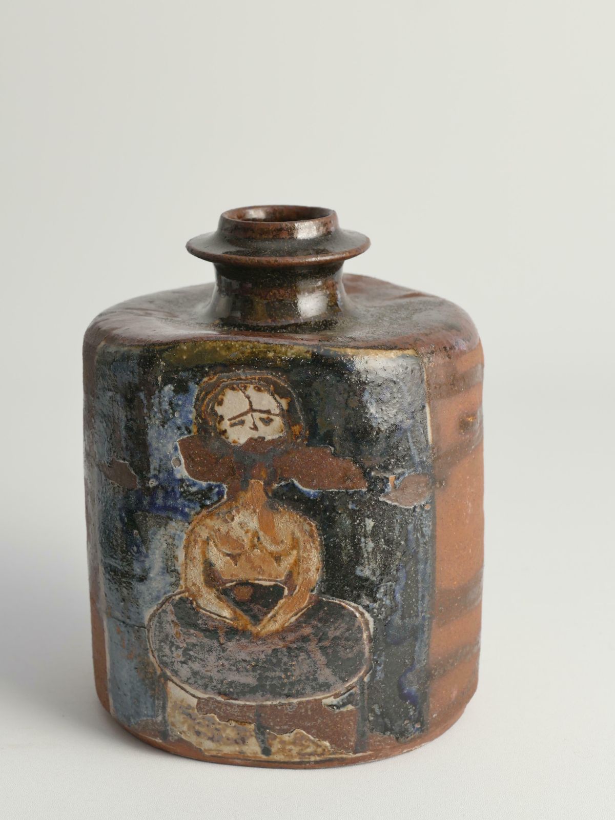 276.0 Ceramic Square Bottle Vase With Naive Style Motifs In Brown Glaze photo
