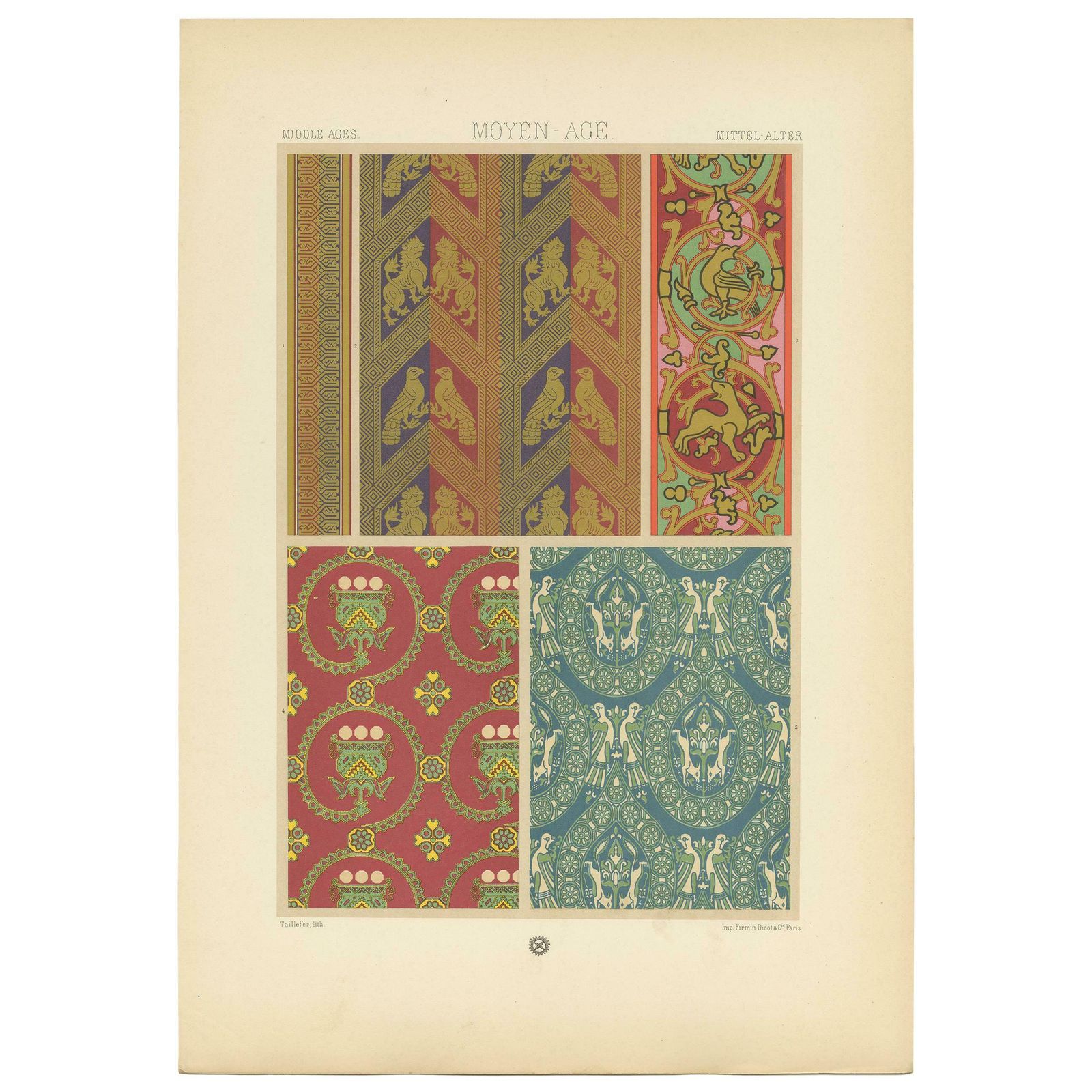 Pl. 53 Antique Print Of Middle Ages Design From Textiles By Racinet, Circa 1890