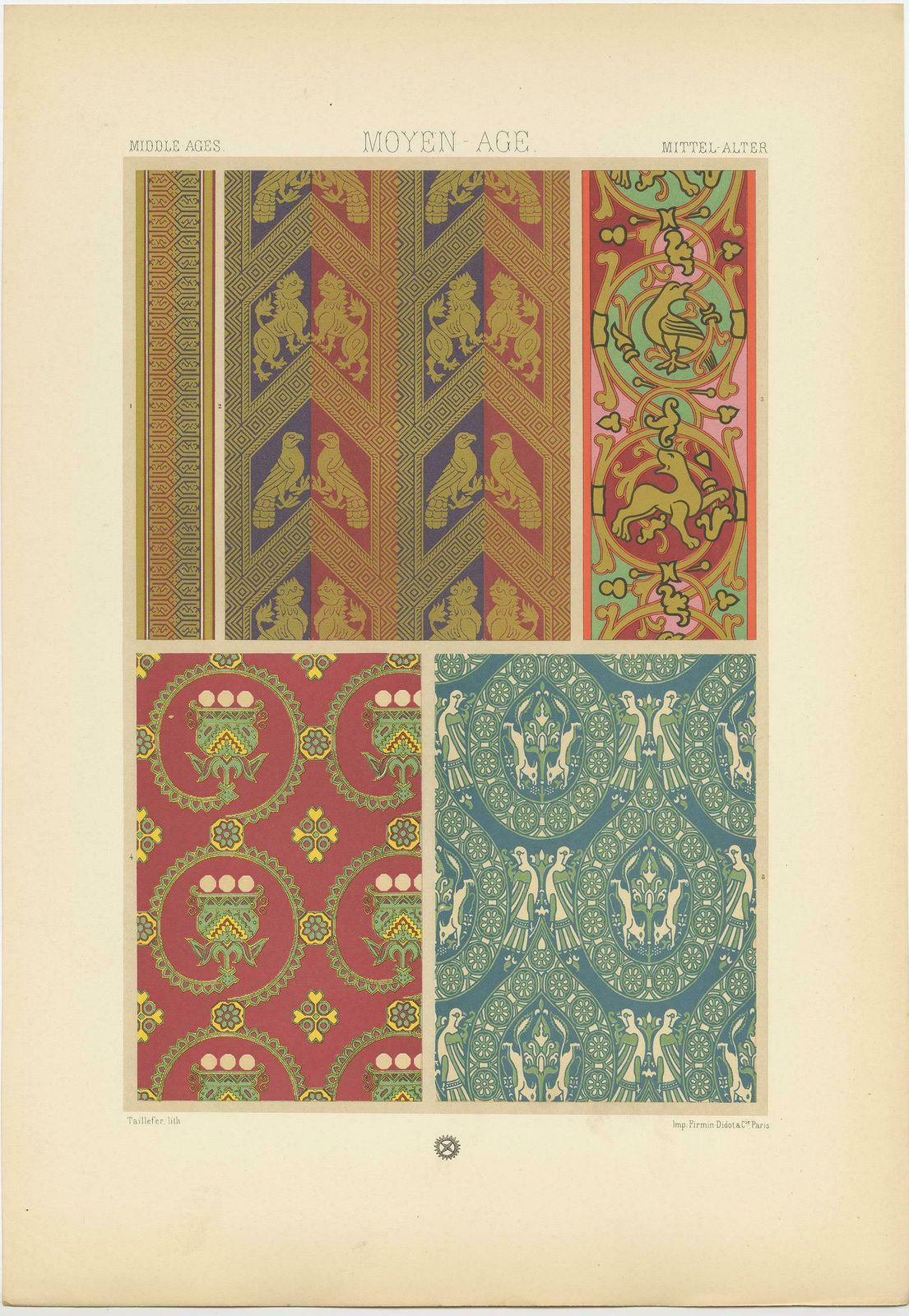 Pl. 53 Antique Print Of Middle Ages Design From Textiles By Racinet, Circa 1890 photo furniture
