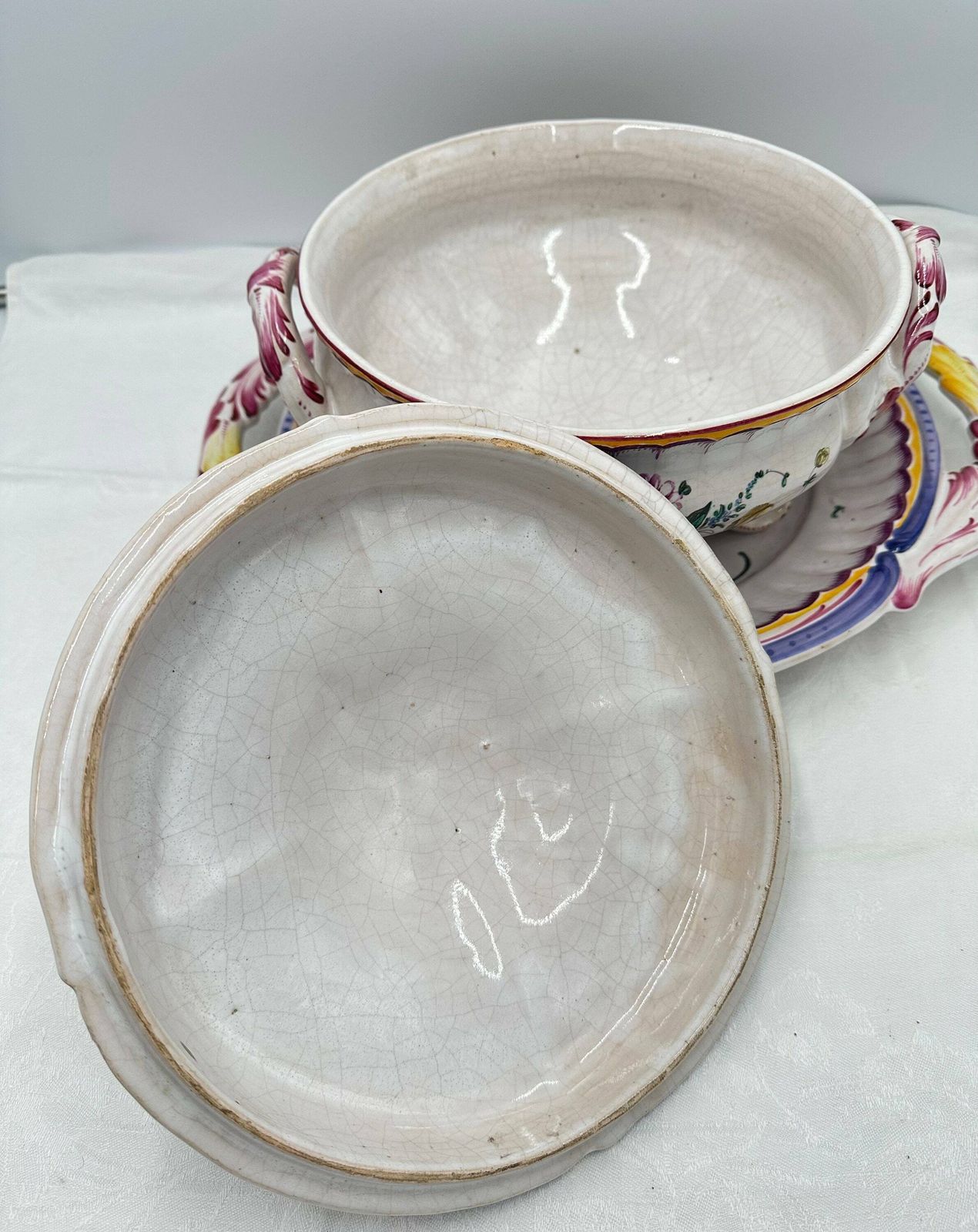 Antique French Hand Painted Pottery Covered Tureen With Plate By Niderviller Mushroom Cauliflower Handle photo Home Decor