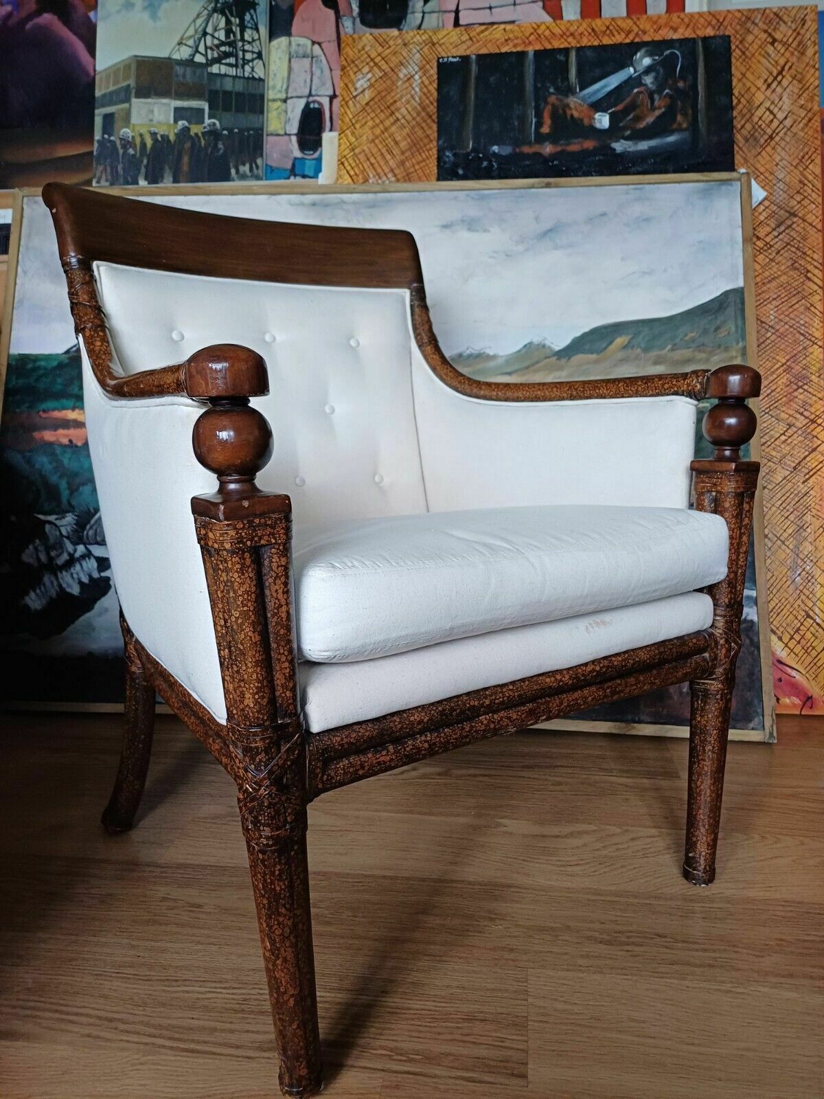 Stunning Mid Century Faux Painted Bamboo French Armchair photo for sale