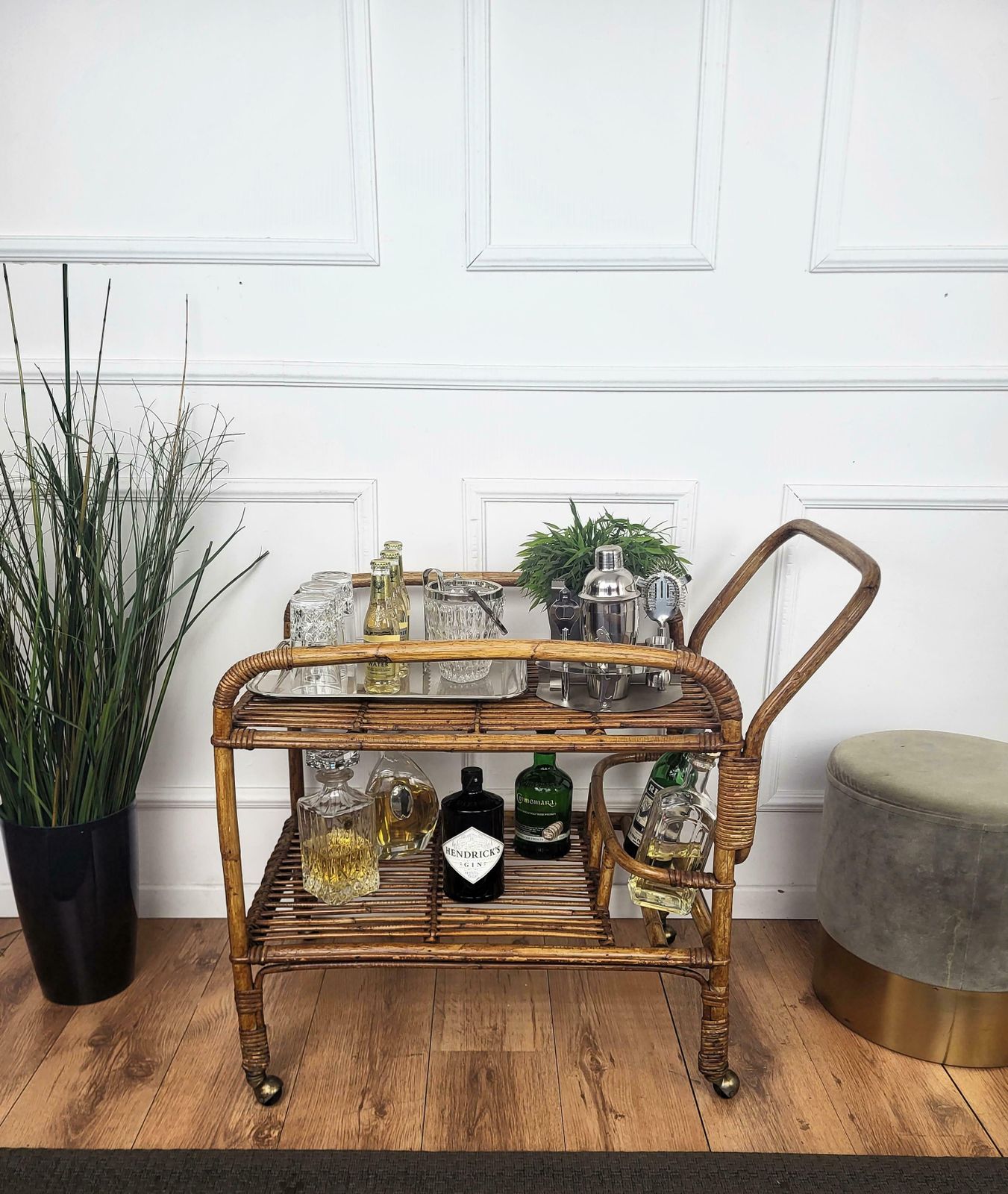 1970s Italian Bamboo Rattan Bohemian French Riviera Serving Bar Cart Cabinet photo furniture