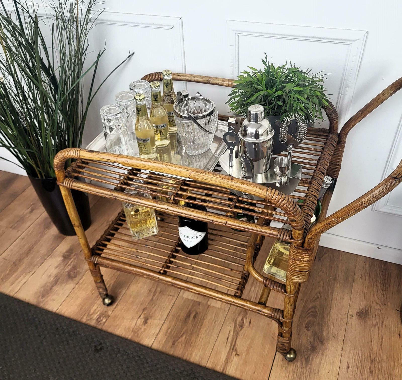 1970s Italian Bamboo Rattan Bohemian French Riviera Serving Bar Cart Cabinet photo for sale