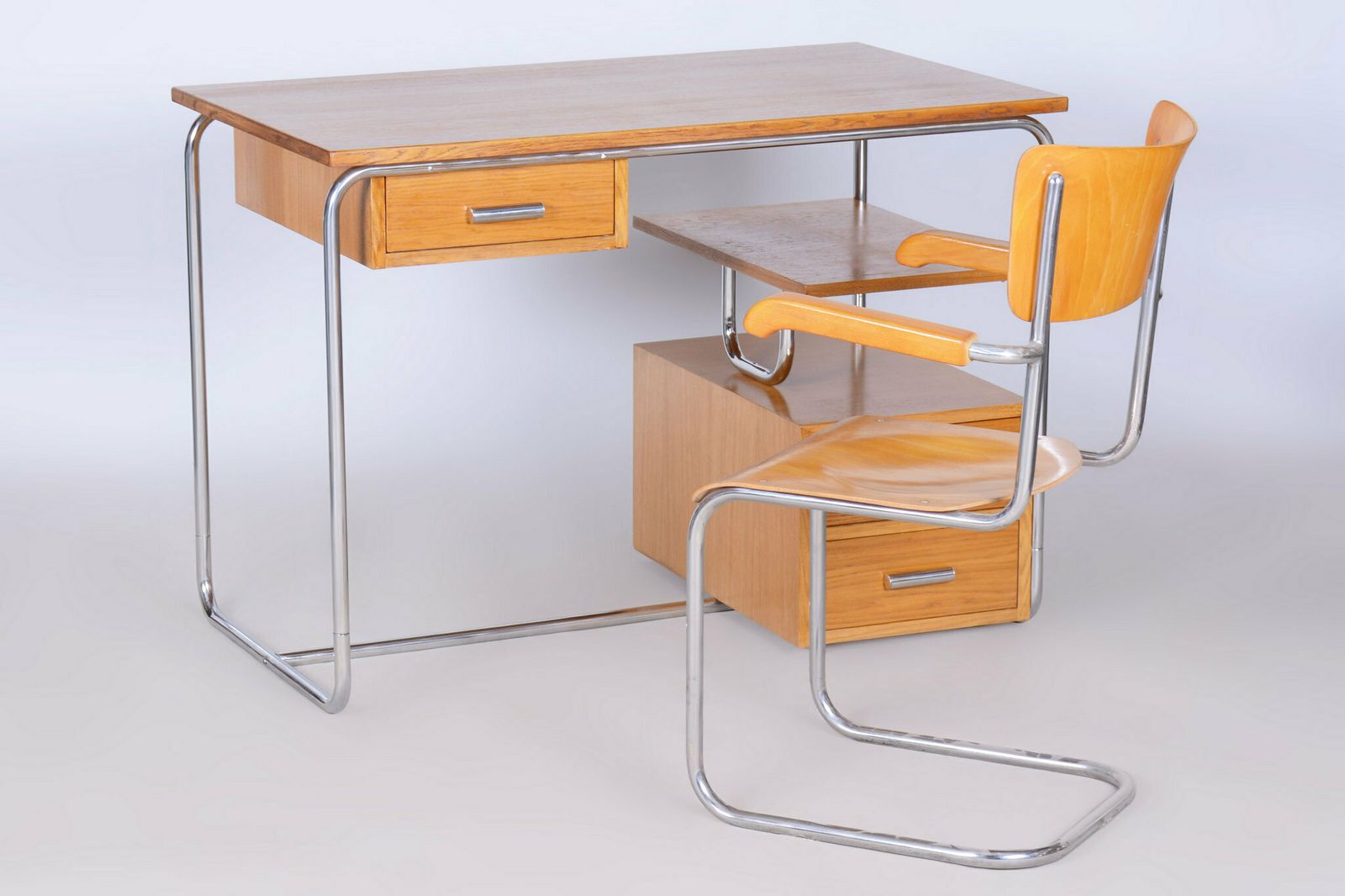 Restored Bauhaus Writing Desk, Oak, Chrome Plated Steel, Germany, 1930s photo Furniture