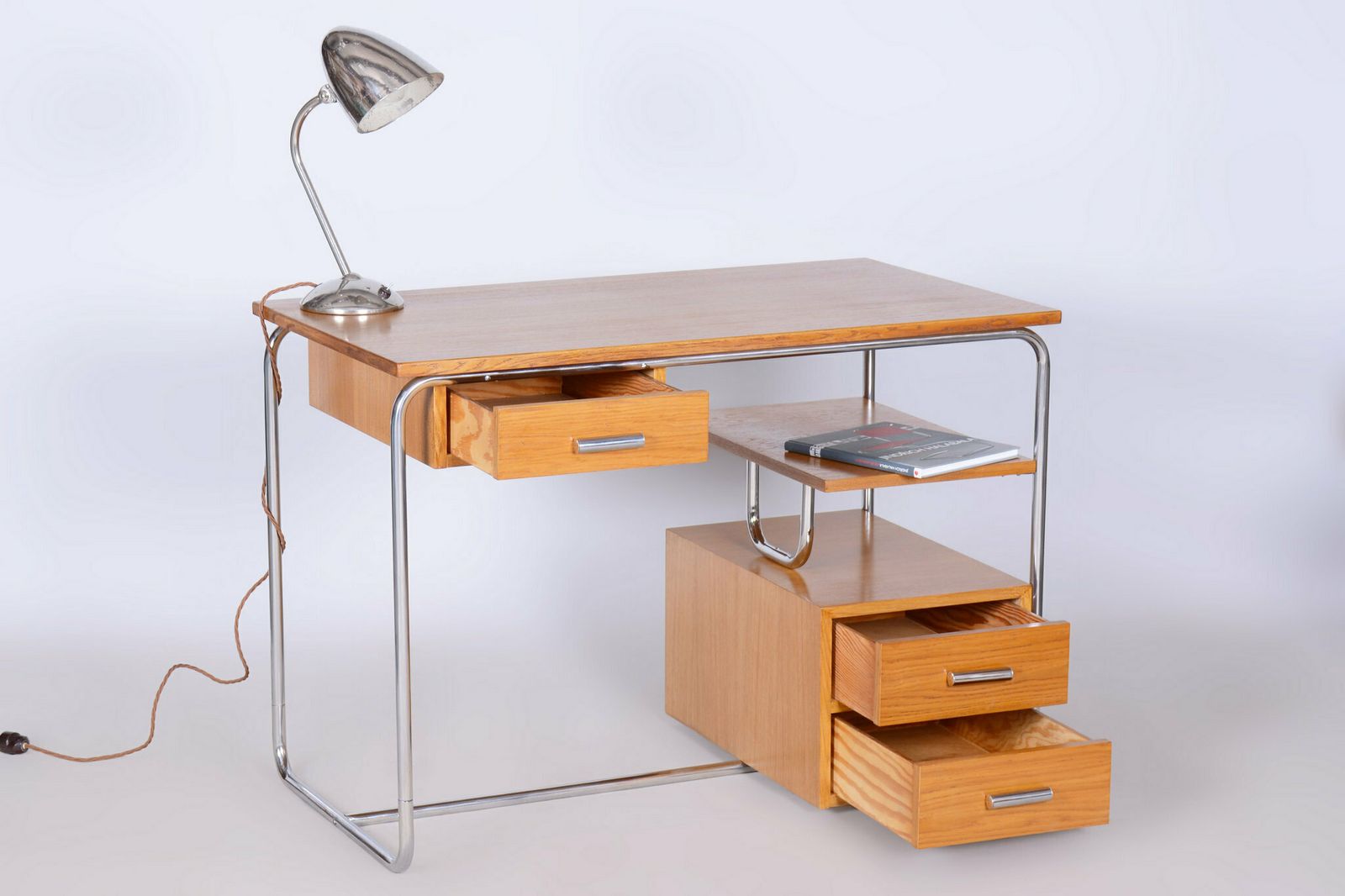 Restored Bauhaus Writing Desk, Oak, Chrome Plated Steel, Germany, 1930s photo 2970.0
