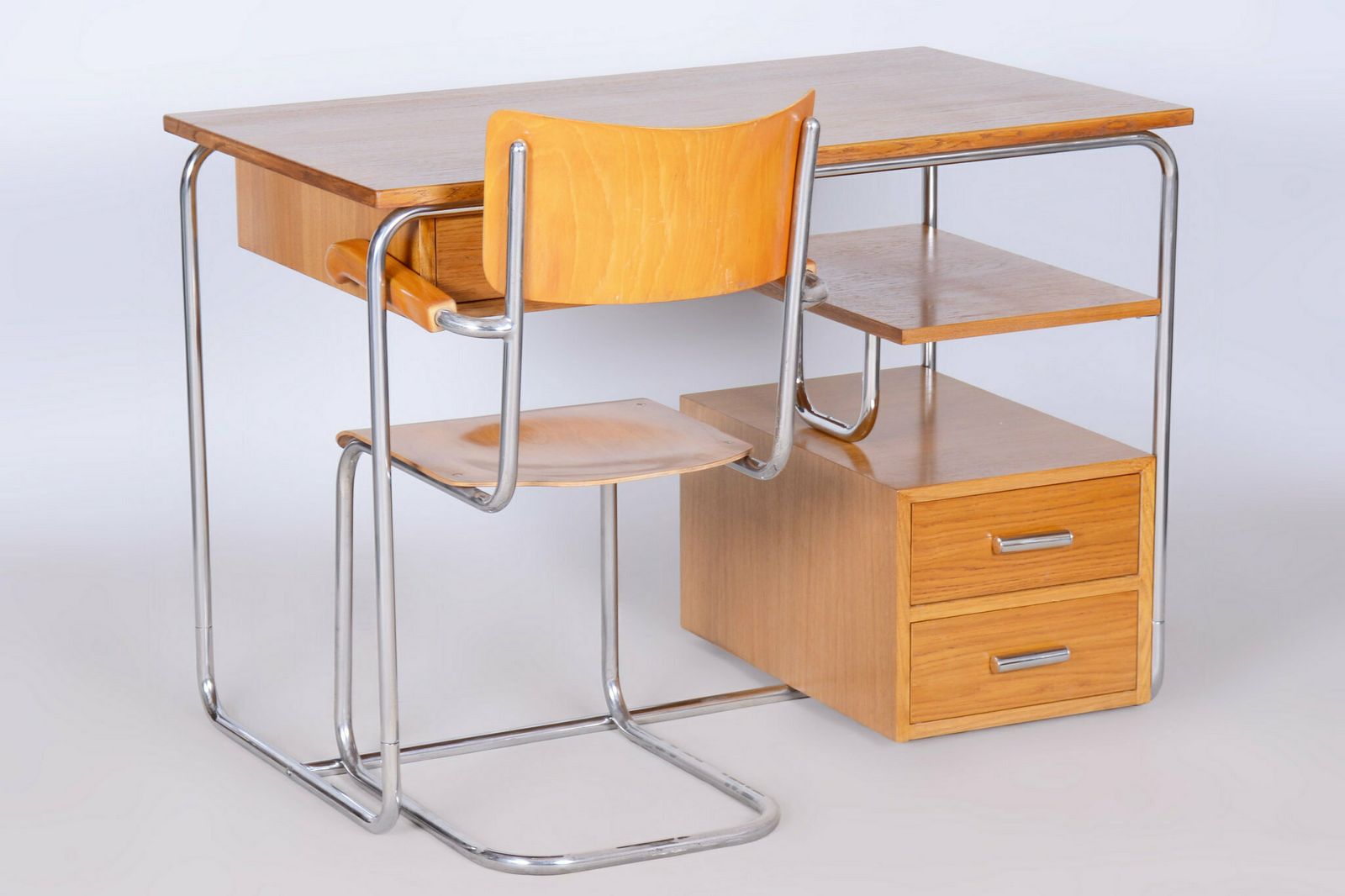 Restored Bauhaus Writing Desk, Oak, Chrome Plated Steel, Germany, 1930s photo vintage