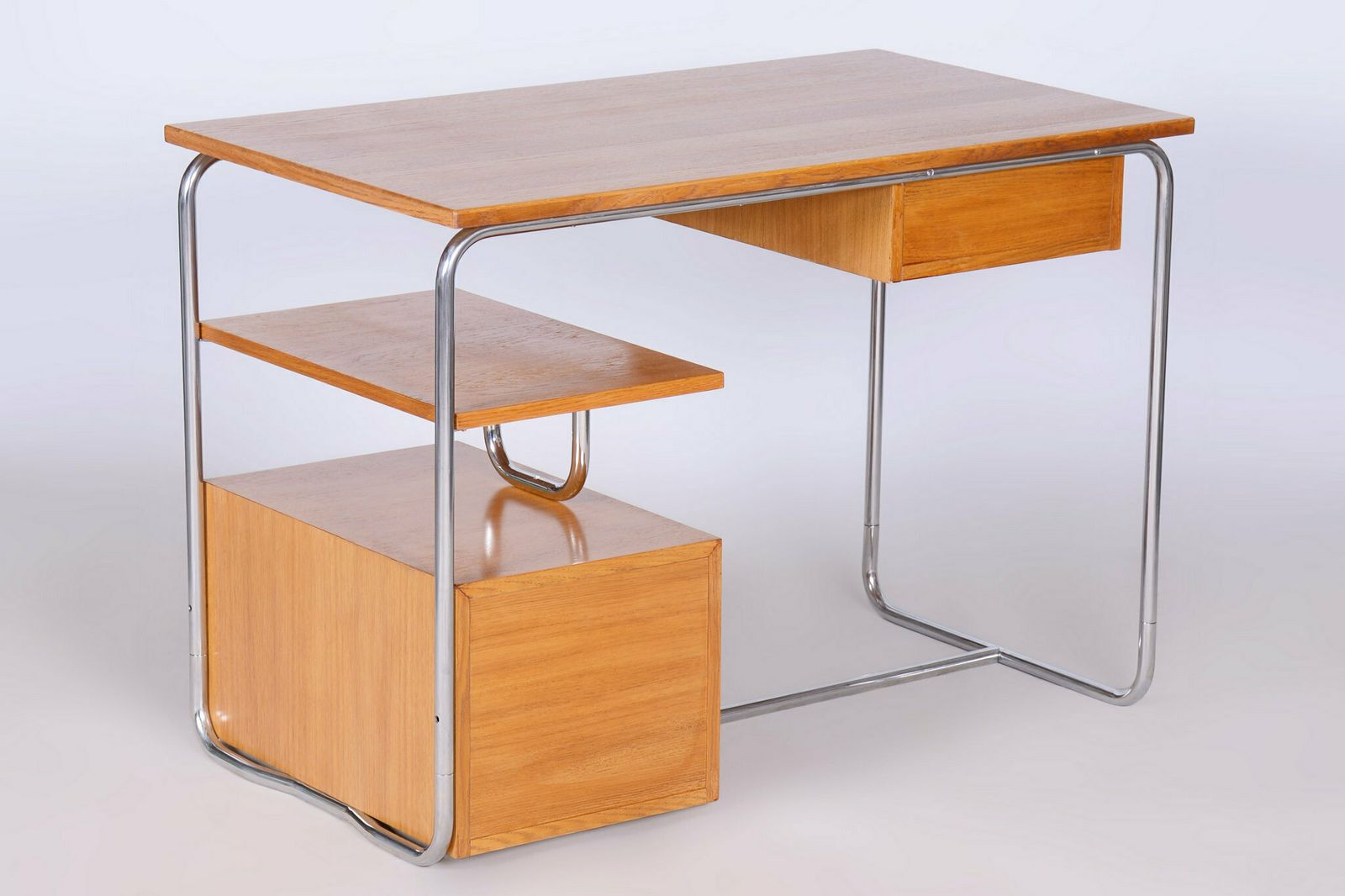 photo furniture Restored Bauhaus Writing Desk, Oak, Chrome Plated Steel, Germany, 1930s