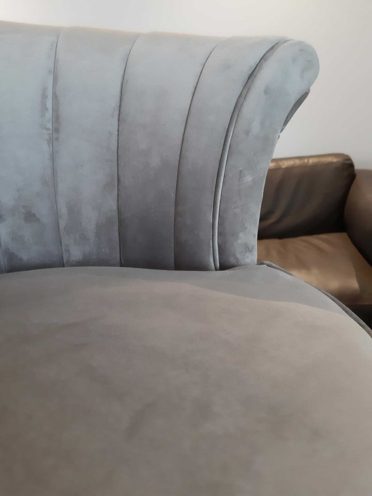 photo furniture Fluted Back Lounge Dressing Room Chair Gold Swivel Base Grey Crushed Velvet